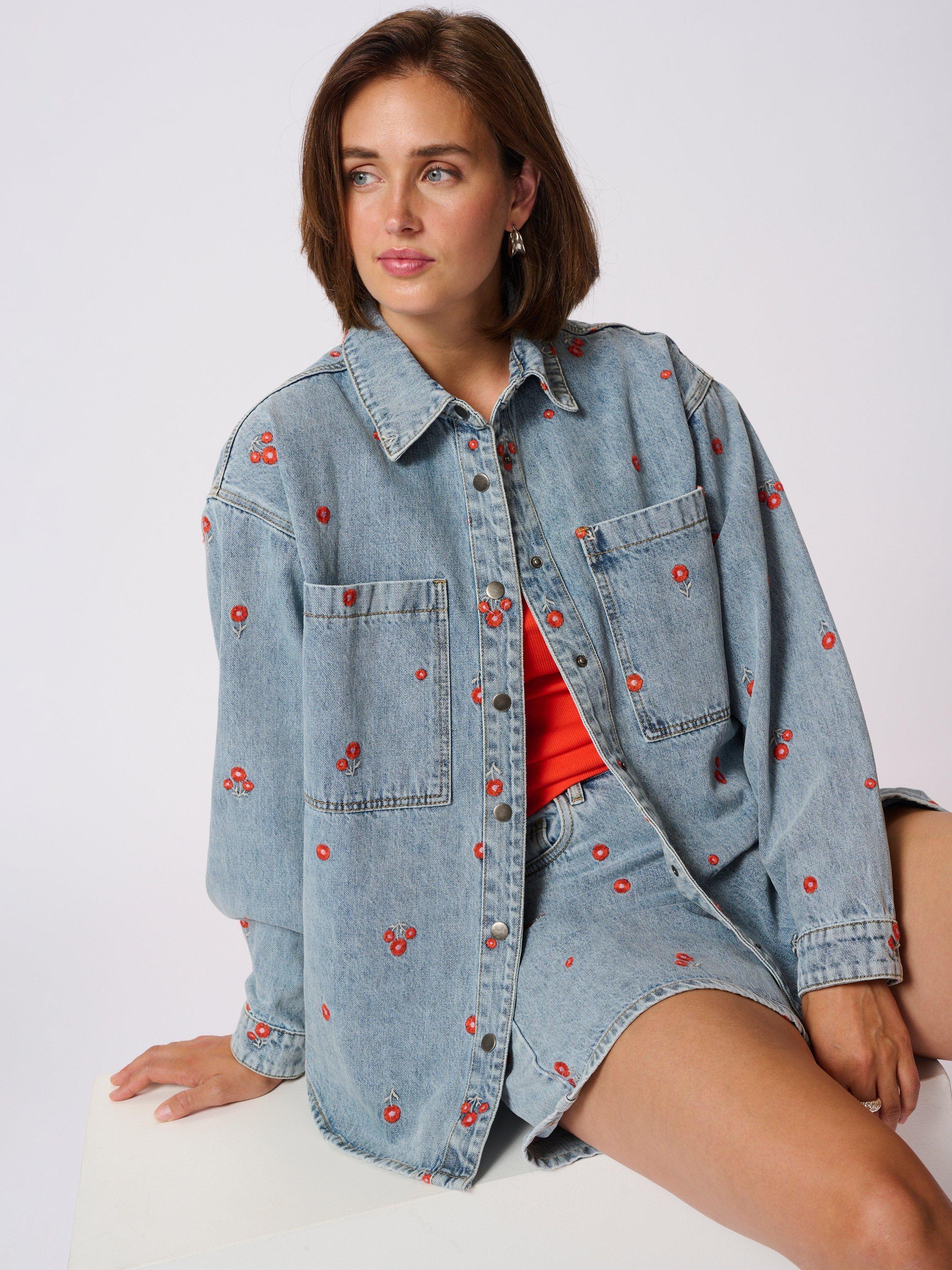 Product image 4 of 6, which shows KAFFE Ababeth Embroidered Floral Denim Jacket, Blue Denim/Red, 10