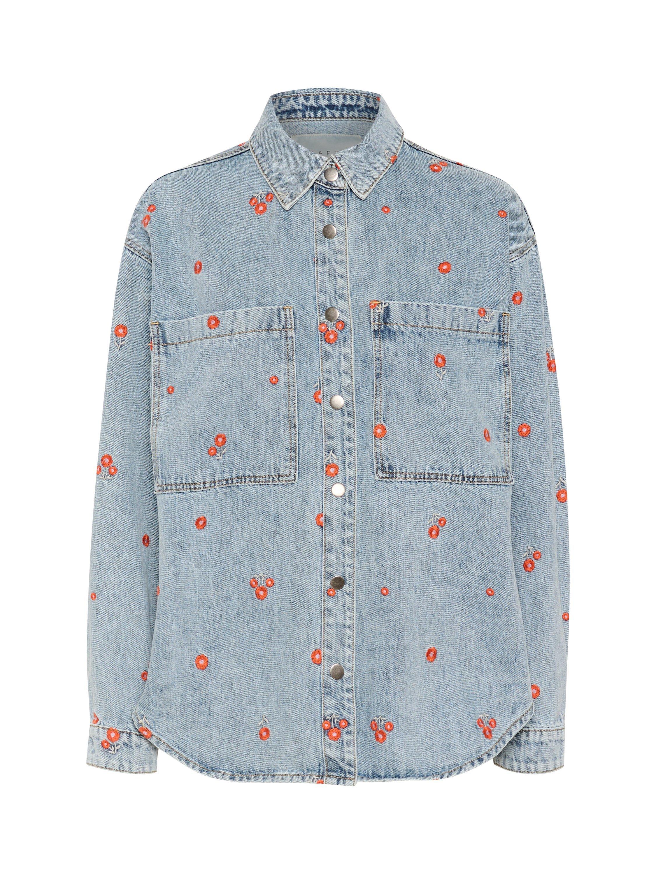 Product image 5 of 6, which shows KAFFE Ababeth Embroidered Floral Denim Jacket, Blue Denim/Red, 10