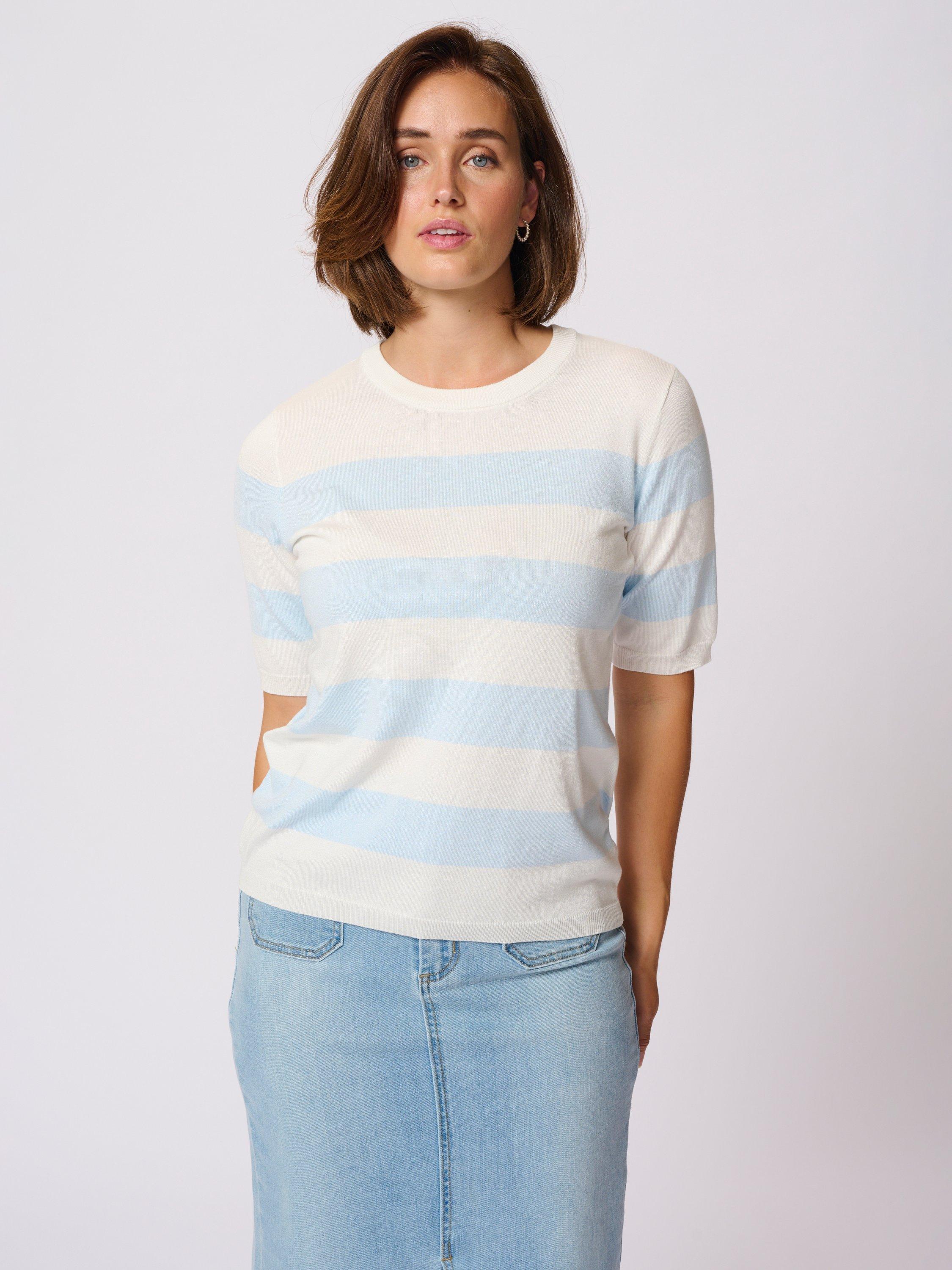 Product image 1 of 6, which shows KAFFE Lizza Stripe Short Sleeve Jumper, Blue/Multi, XS