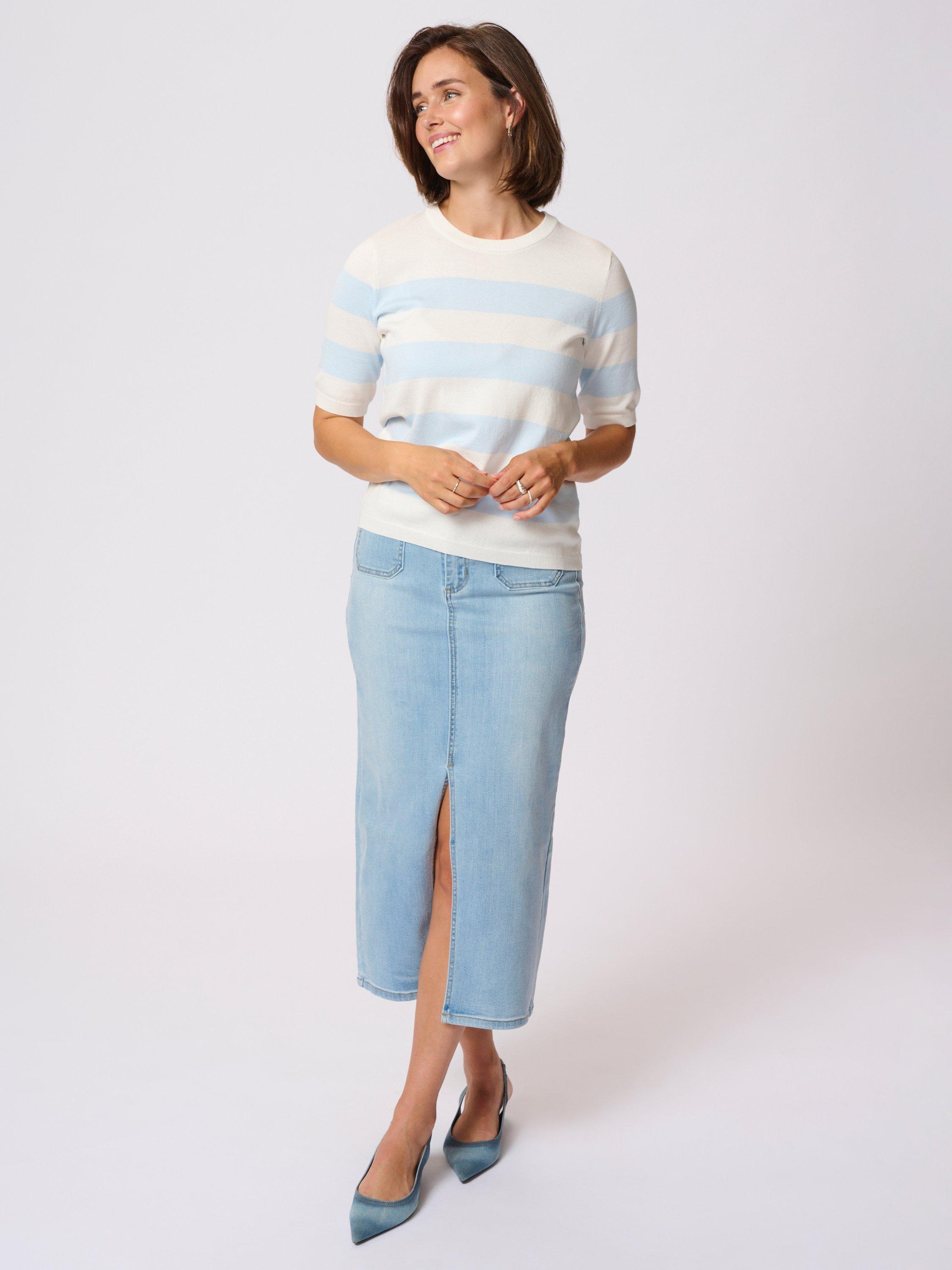 Product image 3 of 6, which shows KAFFE Lizza Stripe Short Sleeve Jumper, Blue/Multi, XS