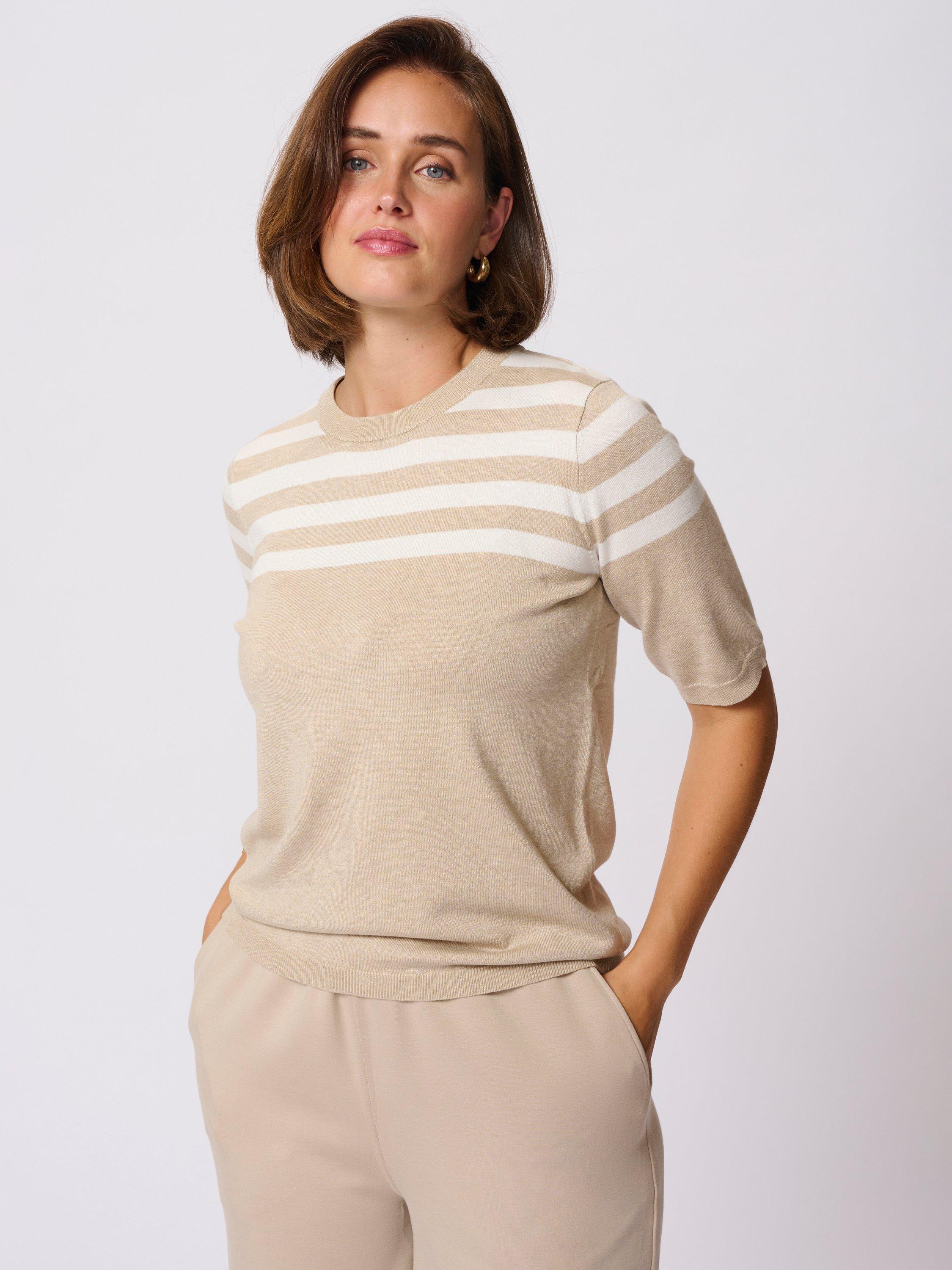 Product image 1 of 5, which shows KAFFE Lizza Stripe Short Sleeve Jumper, Beige/Multi, XS
