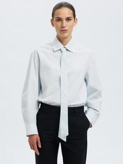 Selected Norma Cotton Long Sleeve Button Neck Blouse, Ancient Water