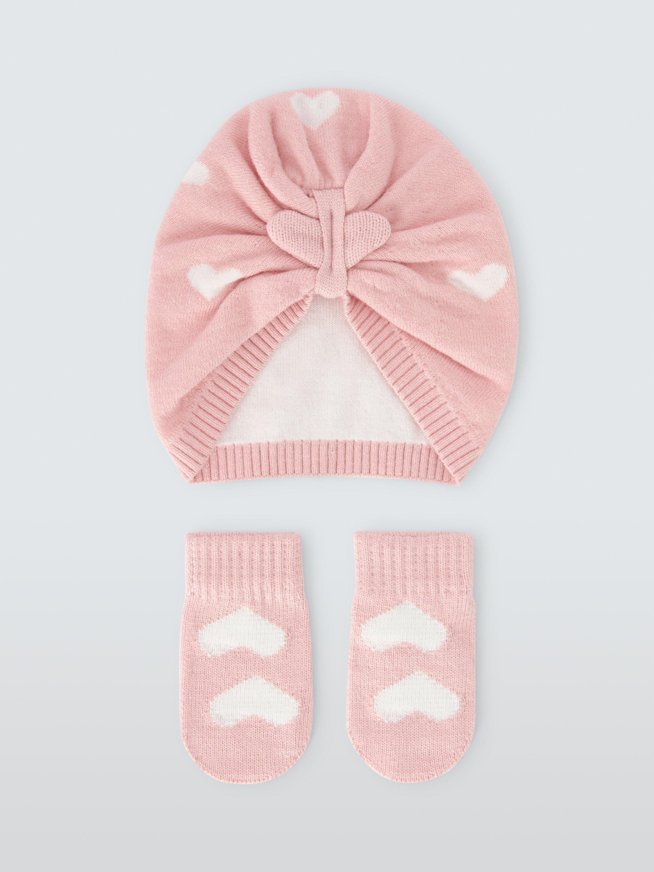 Product image 1 of 3, which shows John Lewis Baby Hearts Hat & Mittens Set, Pink, 0-3 months