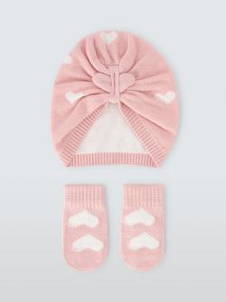 John Lewis Baby Hearts Hat & Mittens Set, Pink, Pink