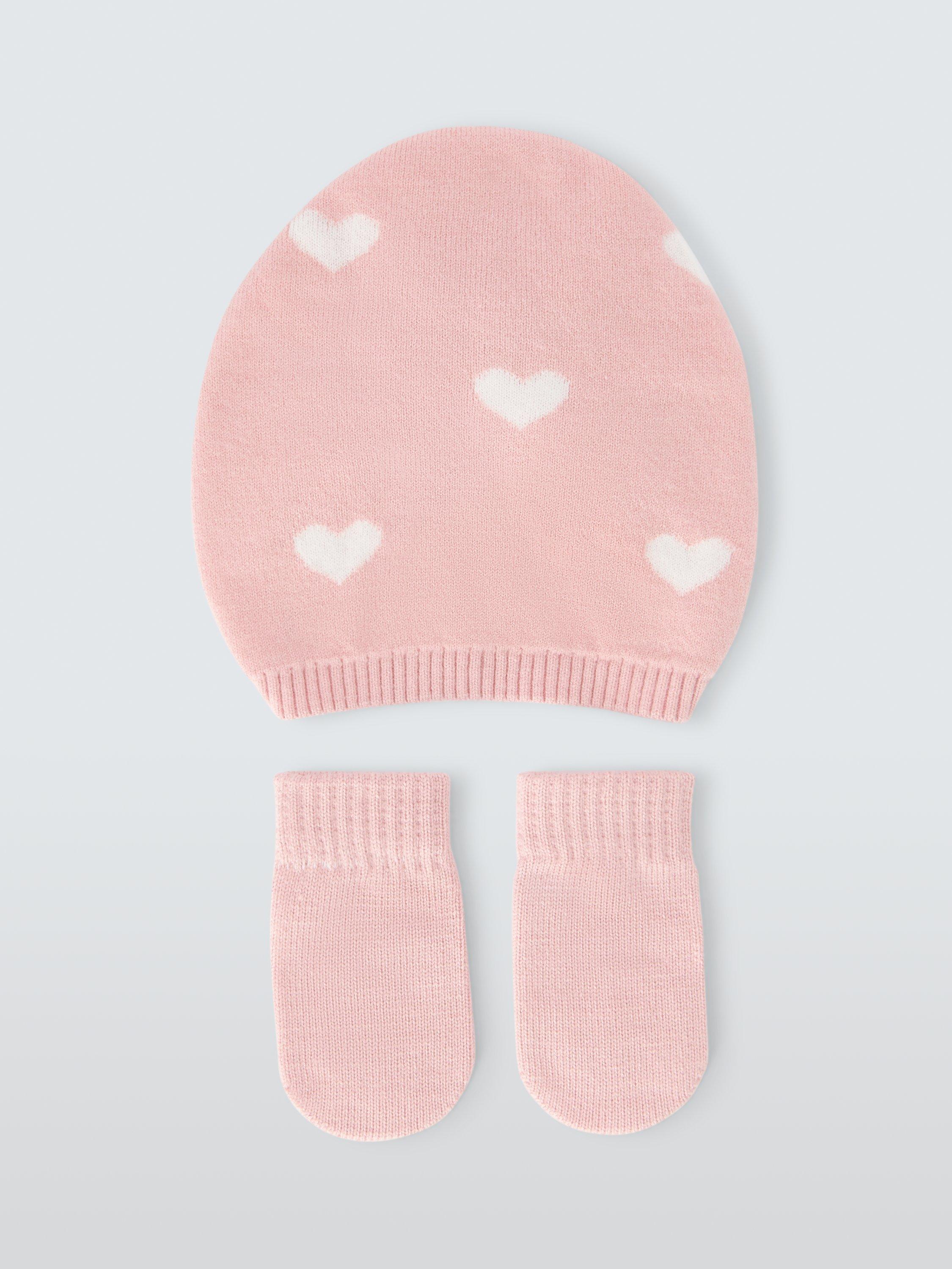 Product image 2 of 3, which shows John Lewis Baby Hearts Hat & Mittens Set, Pink, 0-3 months