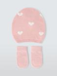 John Lewis Baby Hearts Hat & Mittens Set, Pink