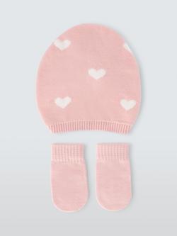 John Lewis Baby Hearts Hat & Mittens Set, Pink - view 2, Pink