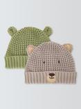 John Lewis Baby Bear Knitted Beanie Hats, Pack of 2, Grey Green