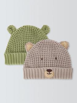 John Lewis Baby Bear Knitted Beanie Hats, Pack of 2, Grey Green, Grey Green