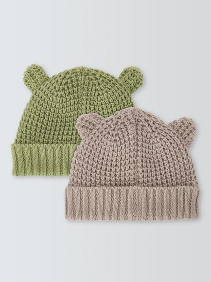 John Lewis Baby Bear Knitted Beanie Hats, Pack of 2, Grey Green - view 2, Grey Green