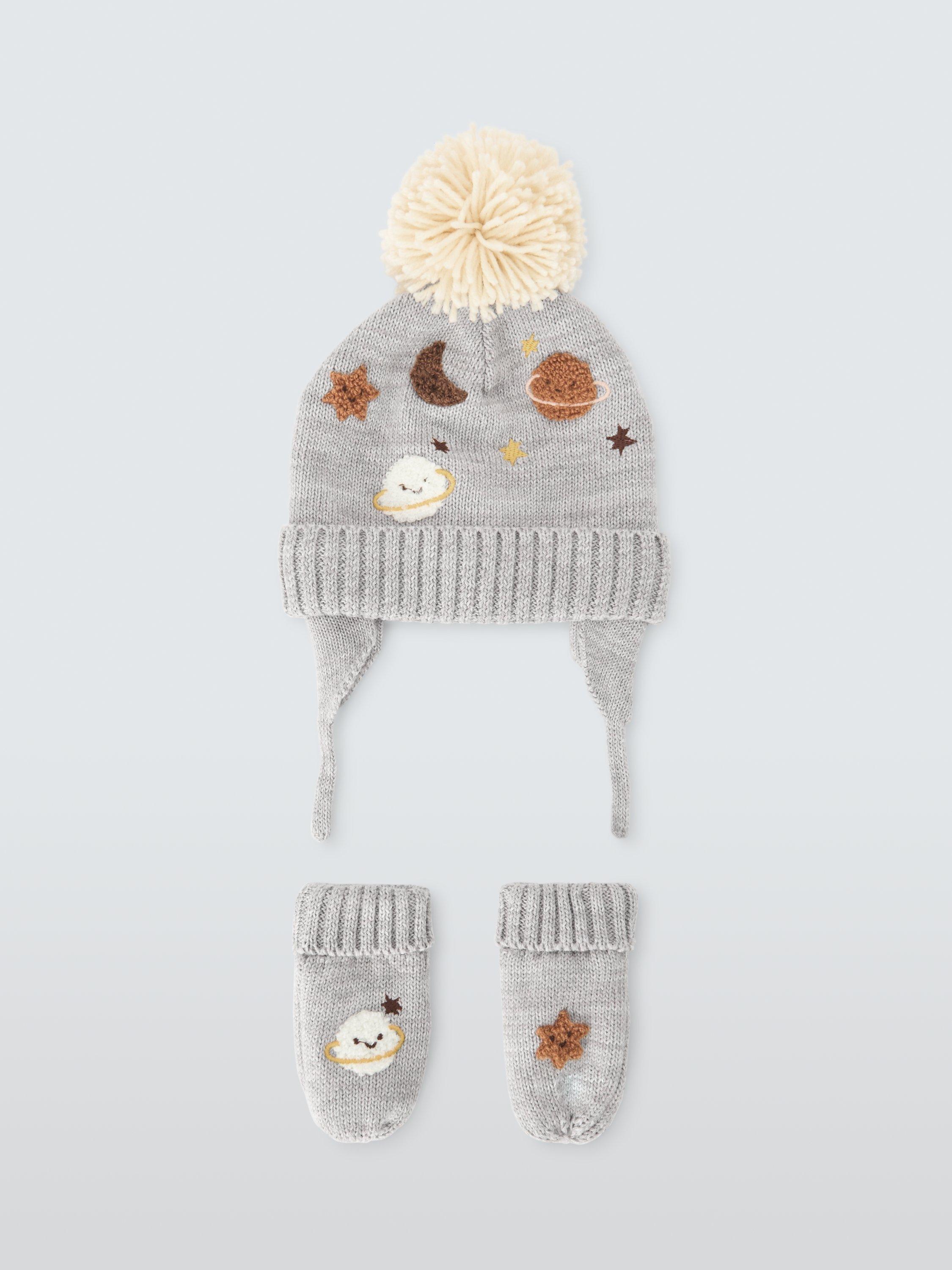 Product image 1 of 3, which shows John Lewis Baby Space Knitted Hat & Mittens Set, Grey Marl, 0-3 months