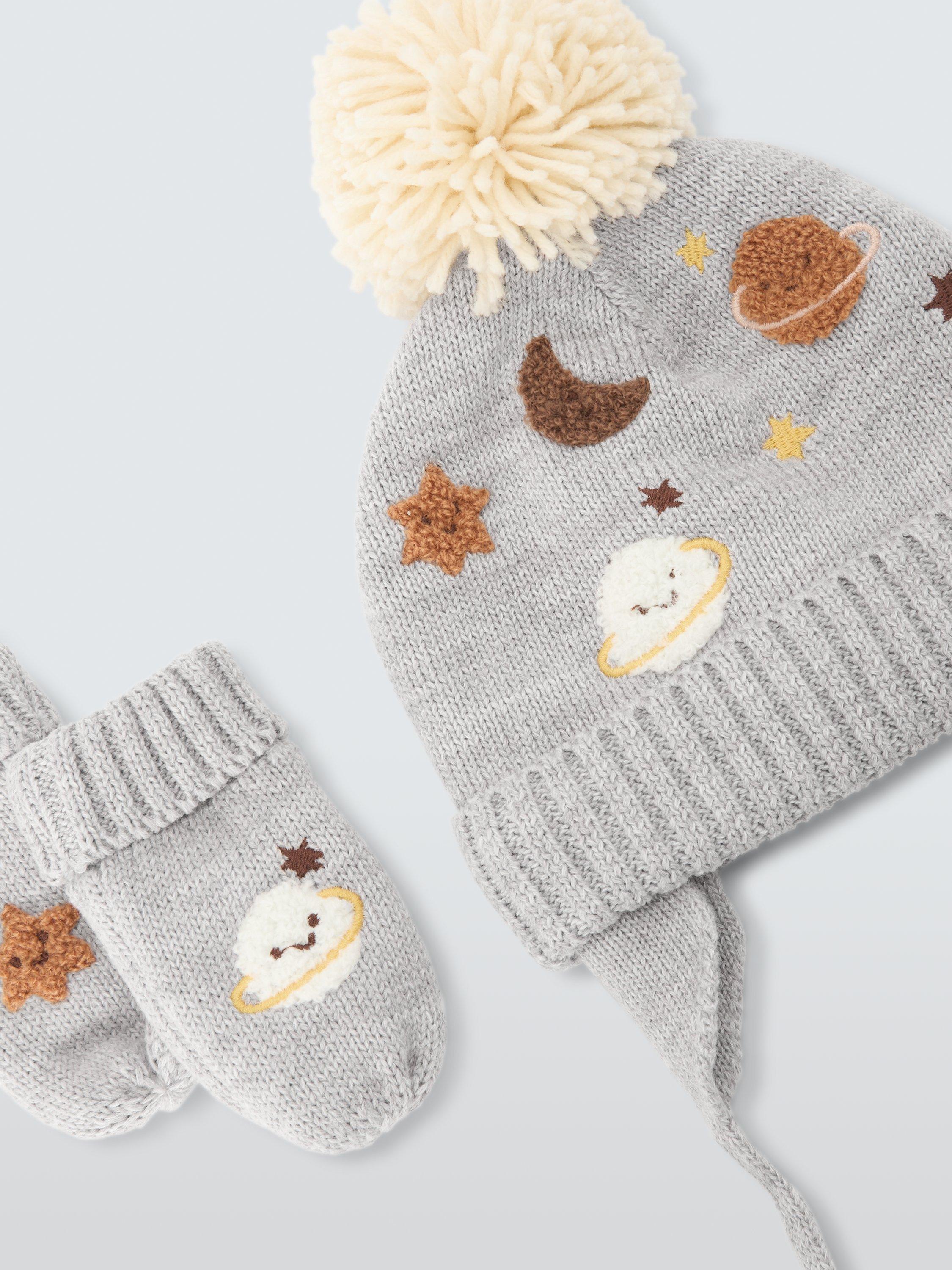 Product image 3 of 3, which shows John Lewis Baby Space Knitted Hat & Mittens Set, Grey Marl, 0-3 months