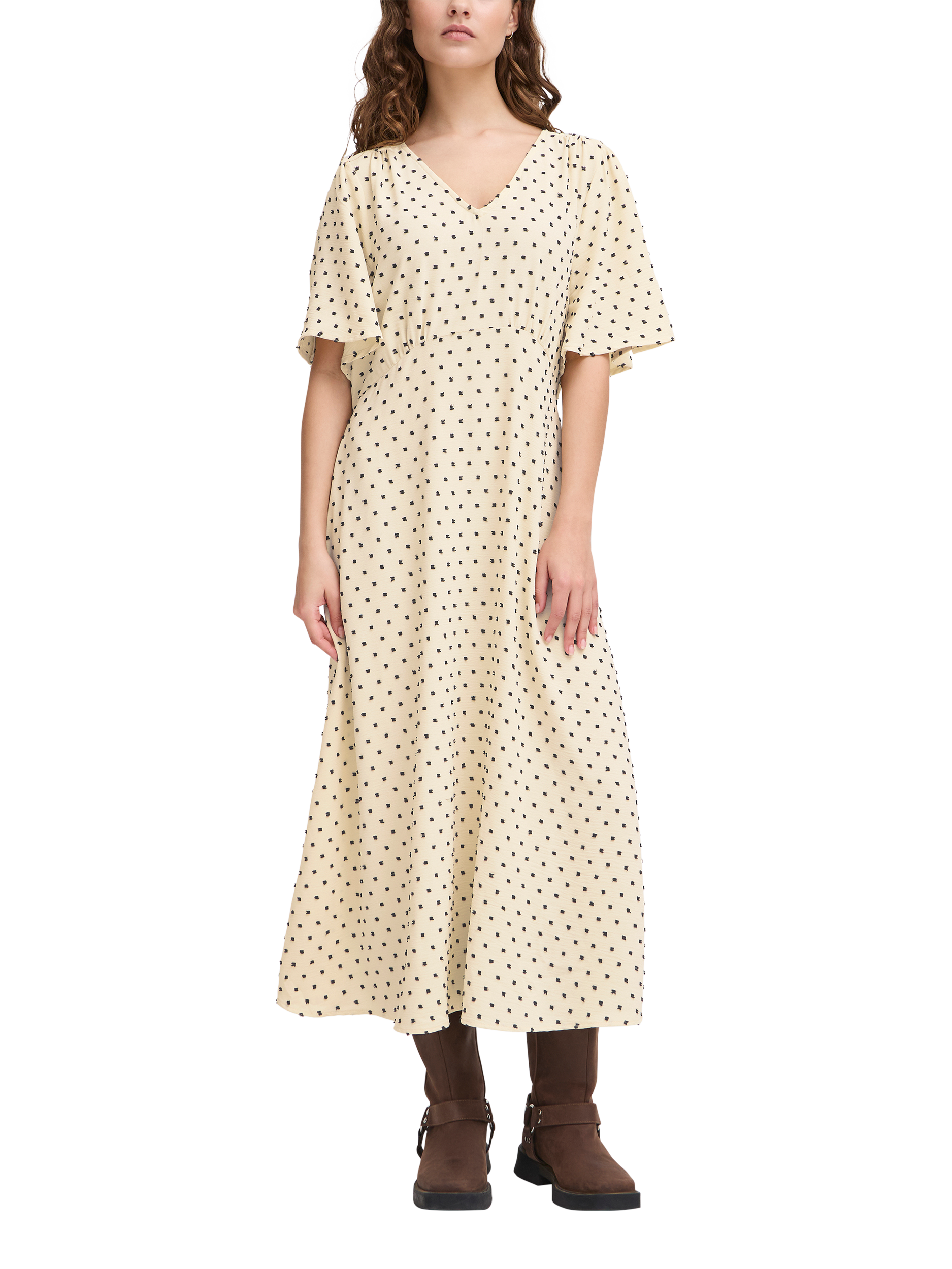 Product image 1 of 7, which shows ICHI Zabby Spot Midi Dress, Almond Milk, 10
