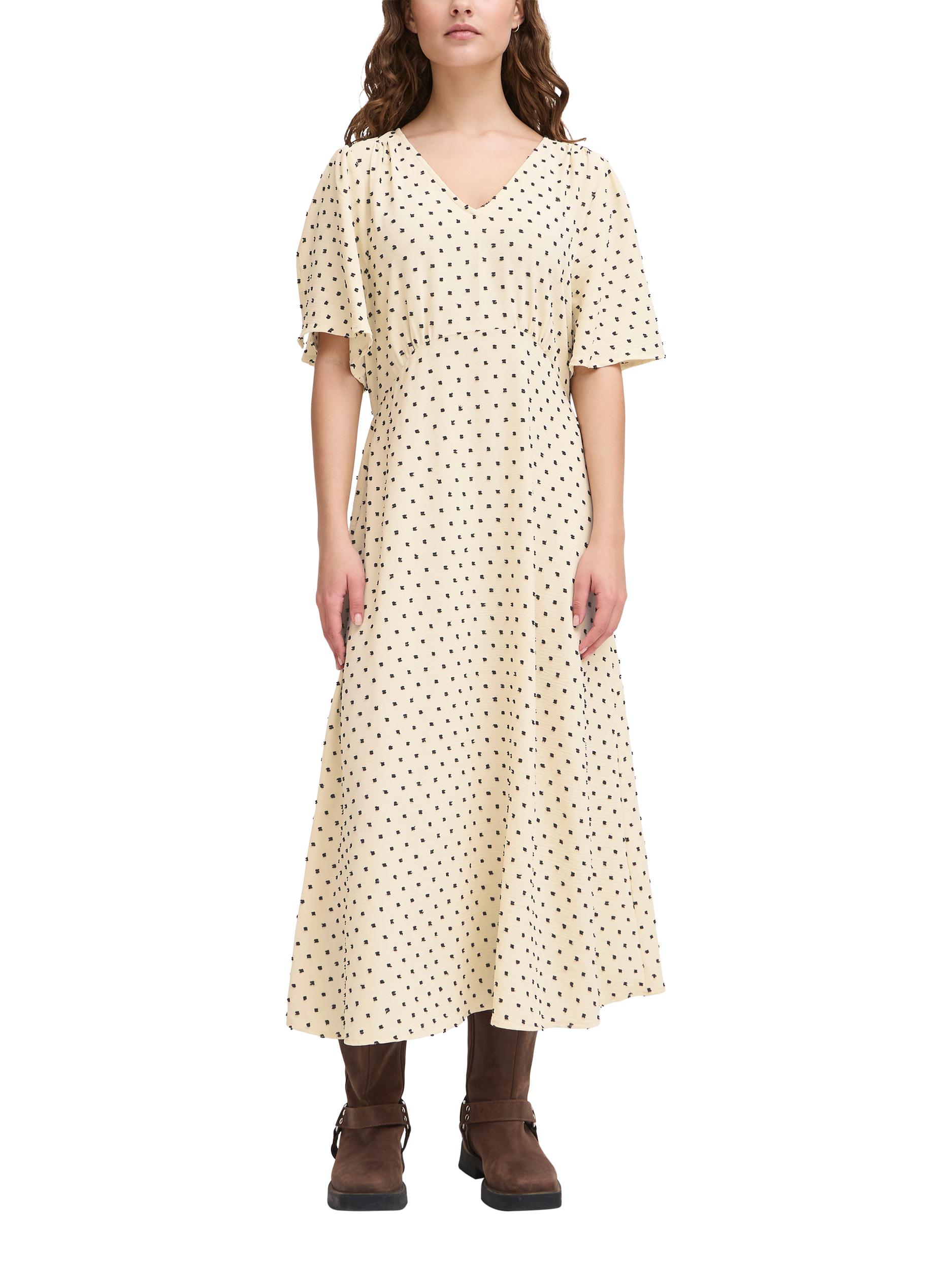 Product image 3 of 7, which shows ICHI Zabby Spot Midi Dress, Almond Milk, 10