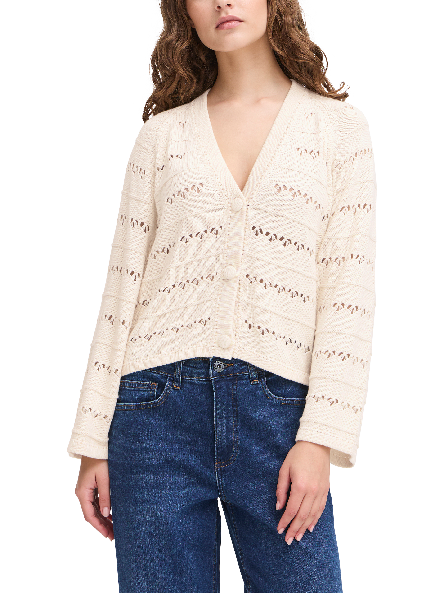 Product image 1 of 7, which shows ICHI Laluha Open Knit V-Neck Cardigan, Birch, XS