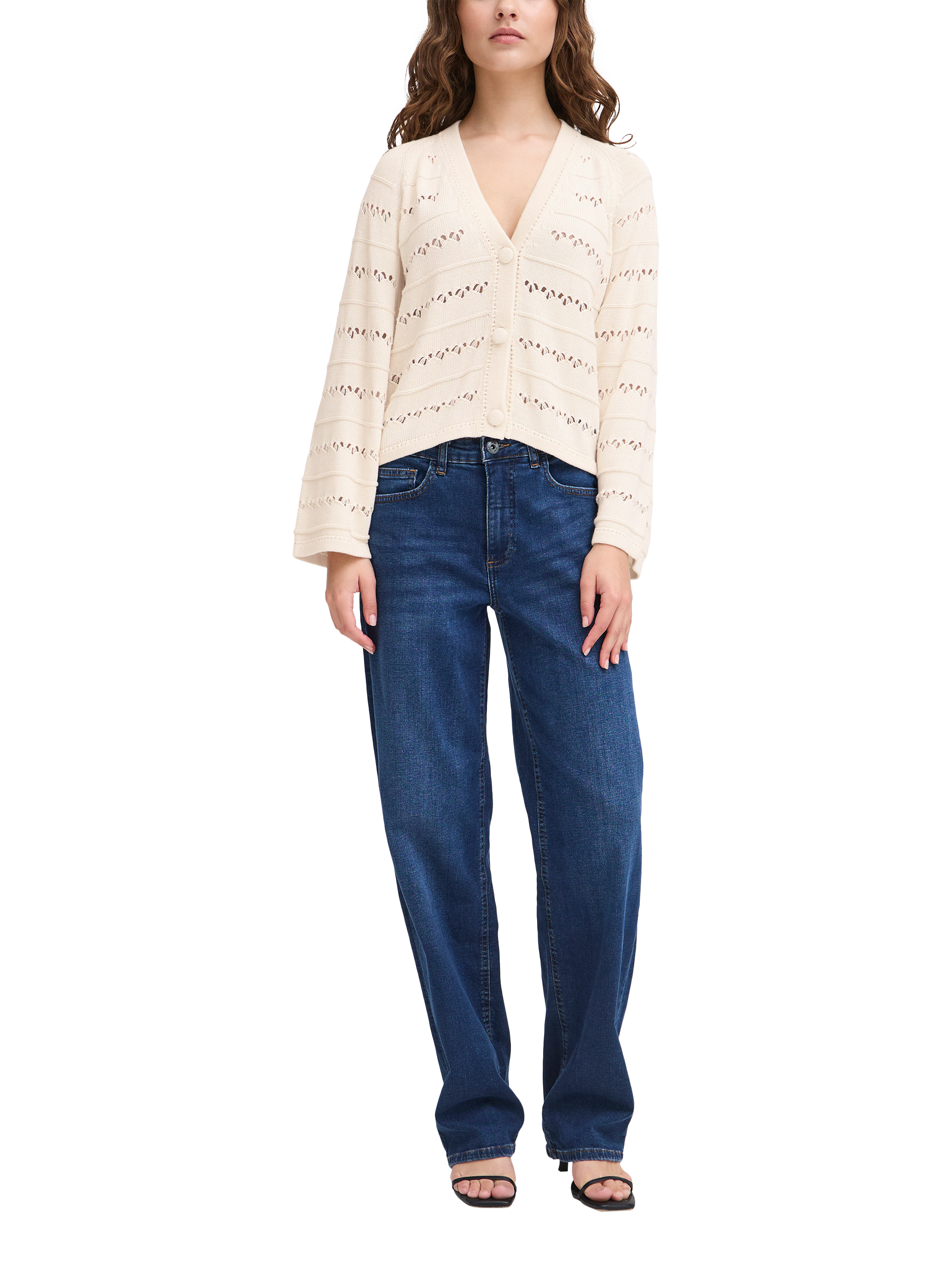 Product image 3 of 7, which shows ICHI Laluha Open Knit V-Neck Cardigan, Birch, XS