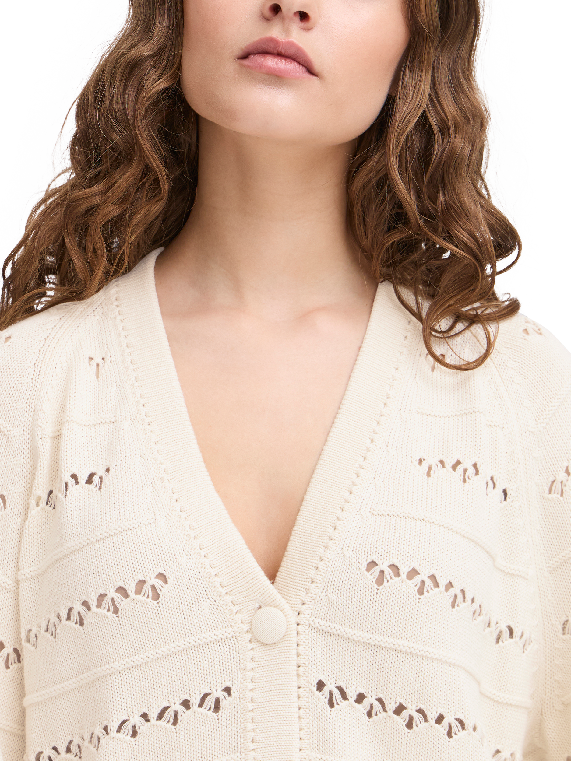 Product image 4 of 7, which shows ICHI Laluha Open Knit V-Neck Cardigan, Birch, XS