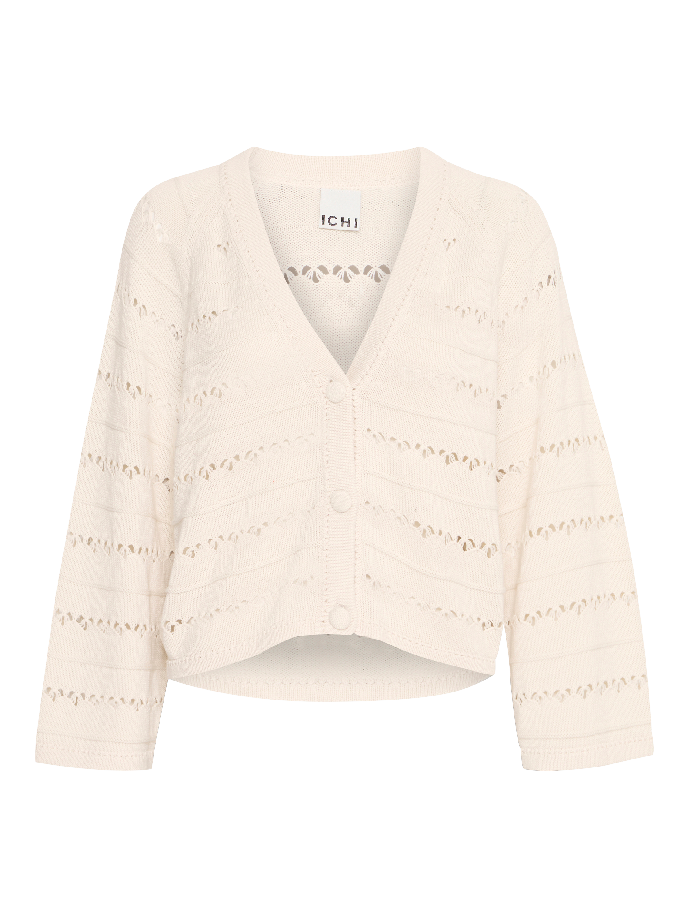 Product image 5 of 7, which shows ICHI Laluha Open Knit V-Neck Cardigan, Birch, XS