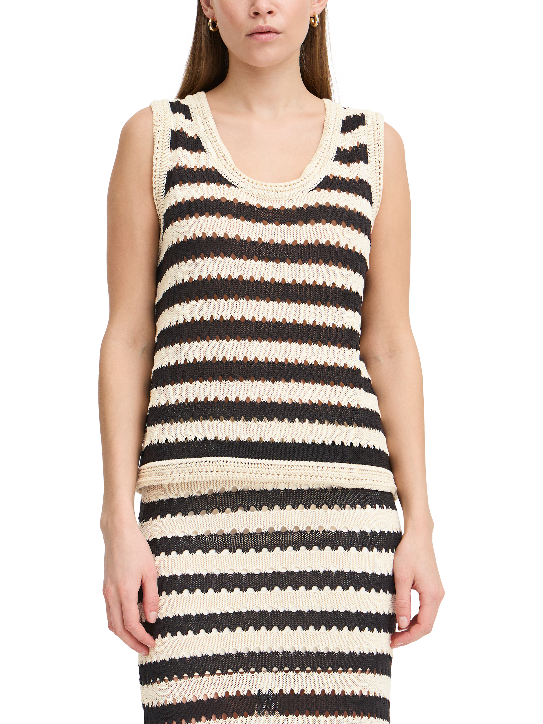 Product image 1 of 7, which shows ICHI Birdis Stripe Knit Top, Black/Almond, M