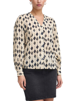 ICHI Emmeretta Geometric Long Sleeve Shirt, Natural/Multi, Natural/Multi