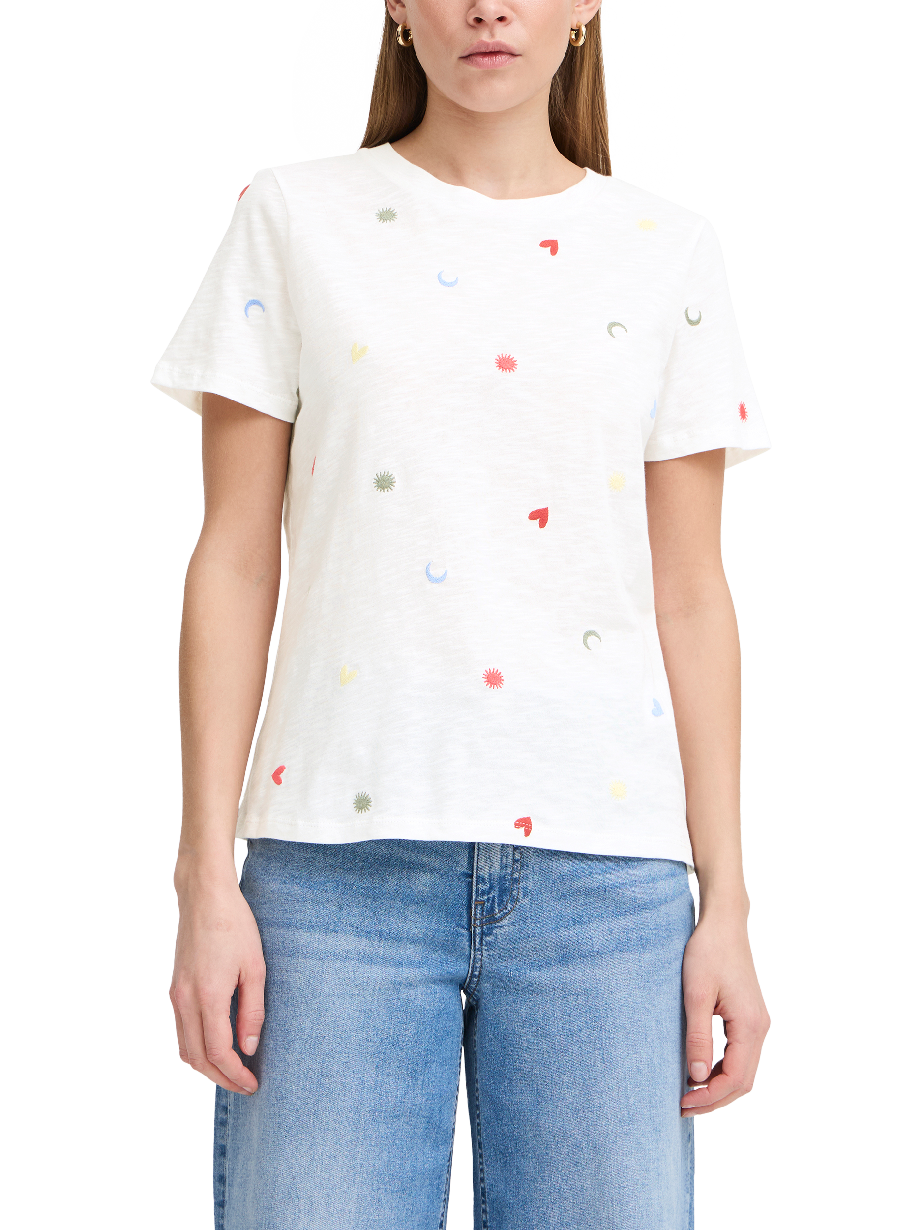 ICHI Olya Cotton Embroidered T-Shirt, Cloud Dancer