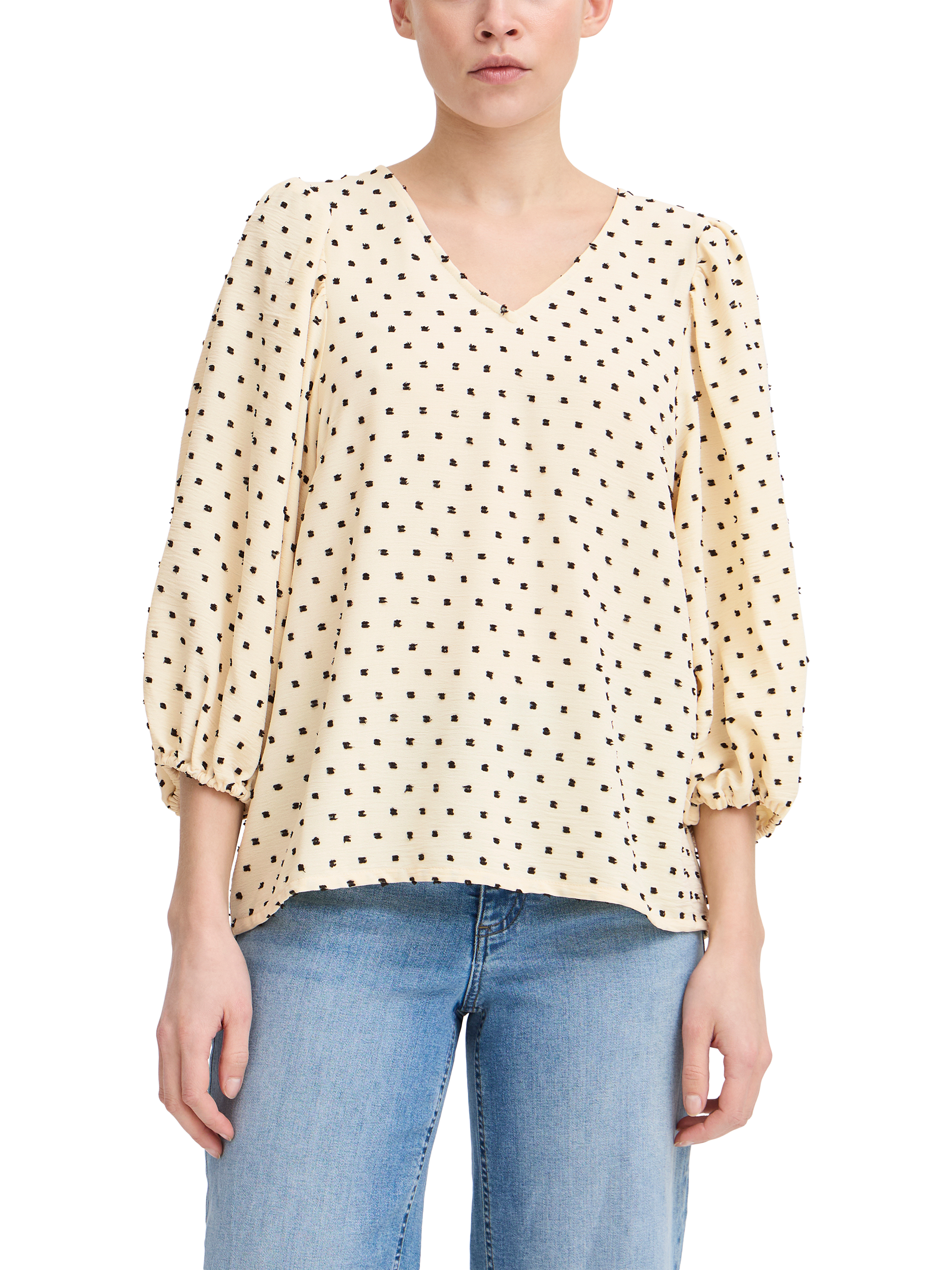 Product image 1 of 7, which shows ICHI Zabby Polka Dot V-Neck Blouse, Almond Milk, 8
