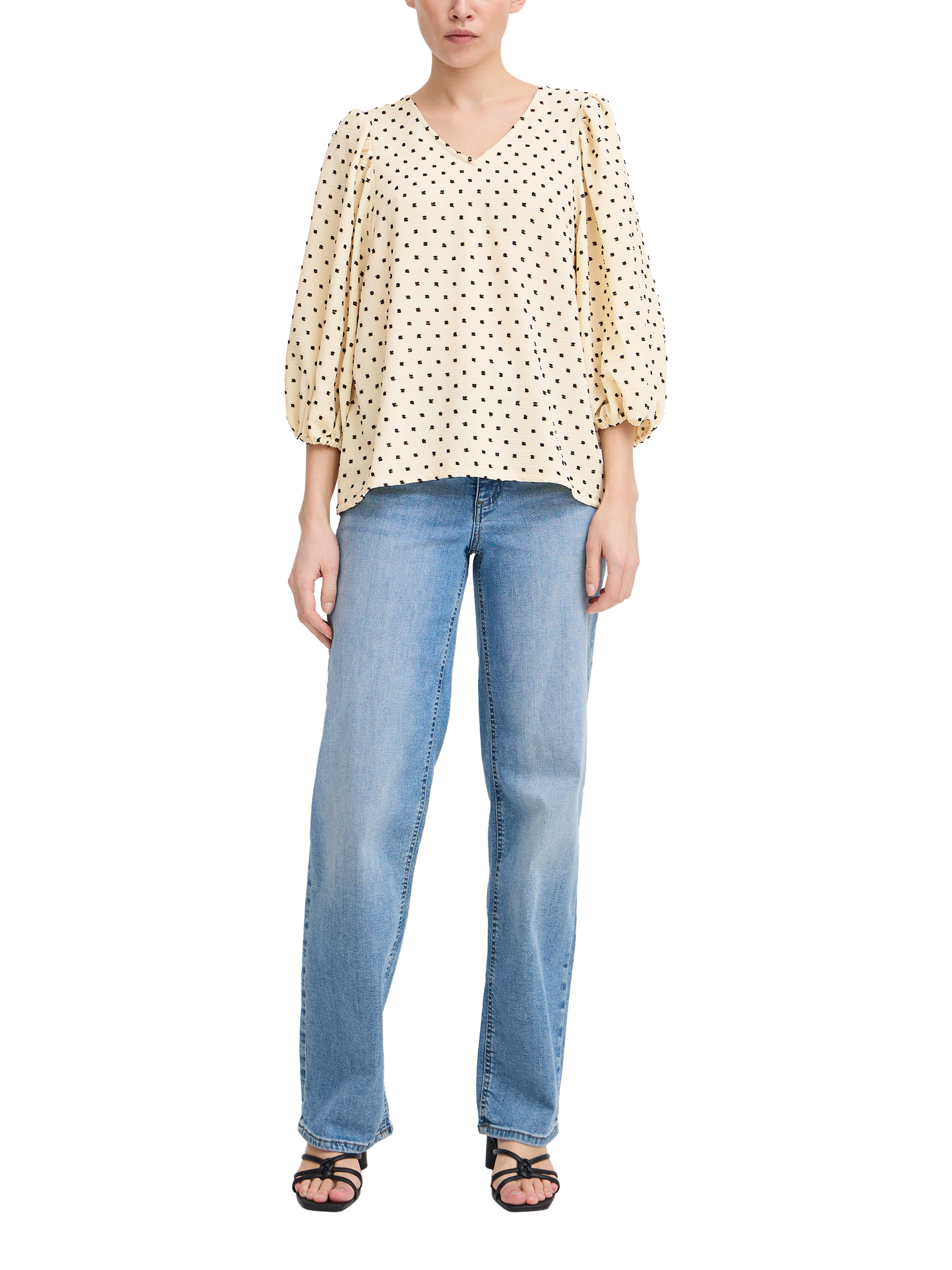 Product image 3 of 7, which shows ICHI Zabby Polka Dot V-Neck Blouse, Almond Milk, 8