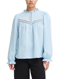 ICHI Sassy Frilly High Neck Blouse, Blue