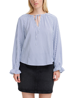 ICHI Sheila Stripe Tie Neck Blouse, Blue, Blue