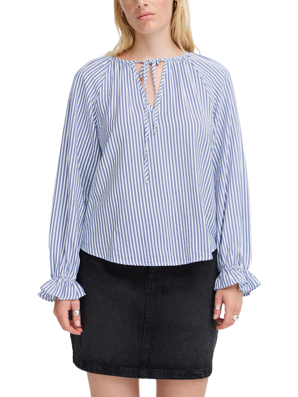 ICHI Sheila Stripe Tie Neck Blouse, Blue, Blue