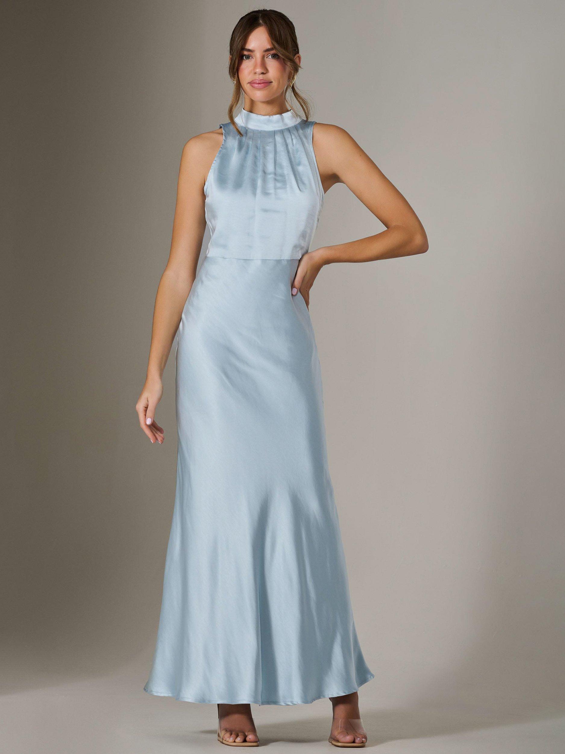 Product image 1 of 7, which shows Jolie Moi Halterneck Satin Maxi Dress, Blue, 8