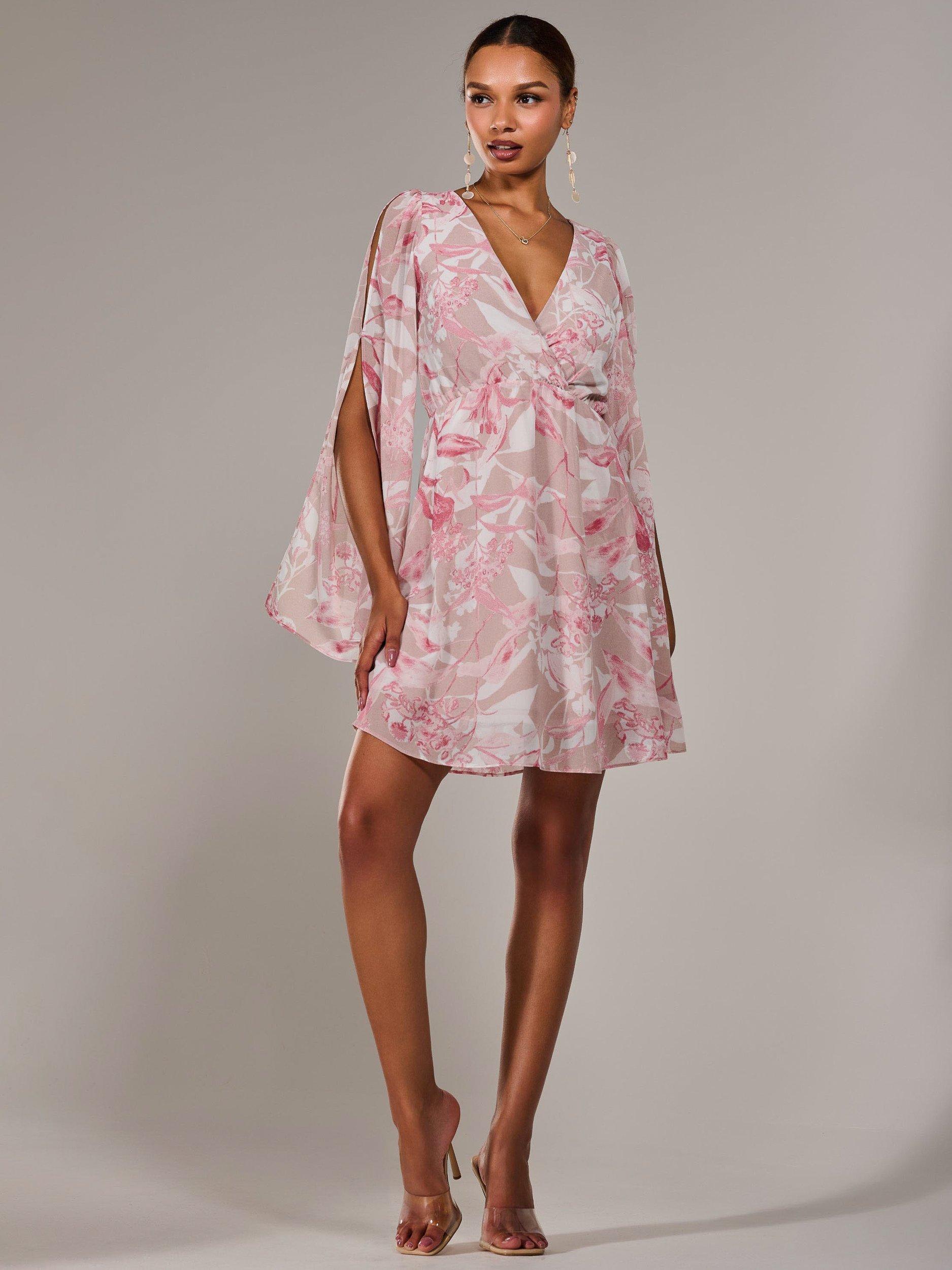 Product image 2 of 7, which shows Jolie Moi Floral Chiffon Mini Dress, Pink, 8
