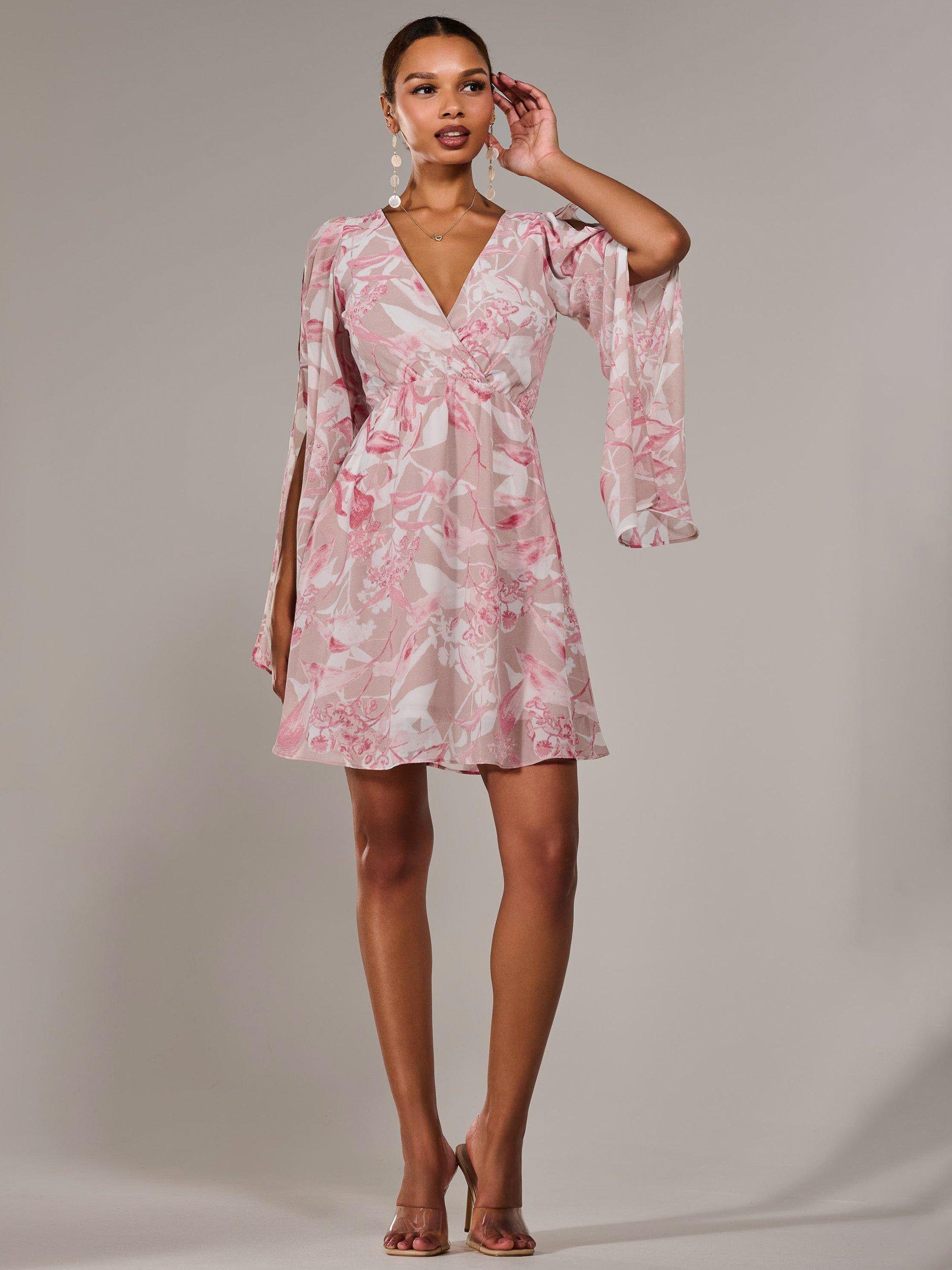 Product image 6 of 7, which shows Jolie Moi Floral Chiffon Mini Dress, Pink, 8