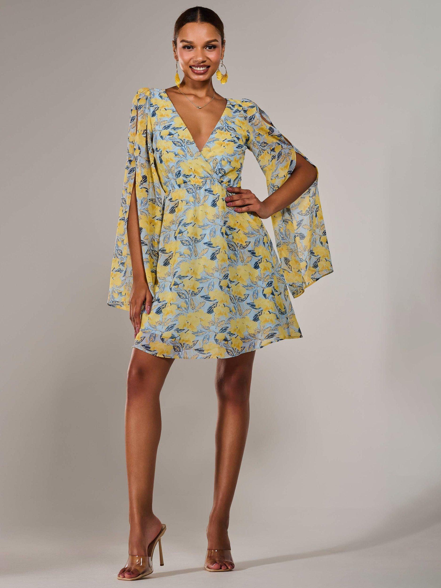 Product image 1 of 7, which shows Jolie Moi Floral Chiffon Split Sleeve Mini Dress, Yellow, 8