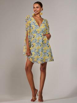 Jolie Moi Floral Chiffon Split Sleeve Mini Dress, Yellow - view 2, Yellow
