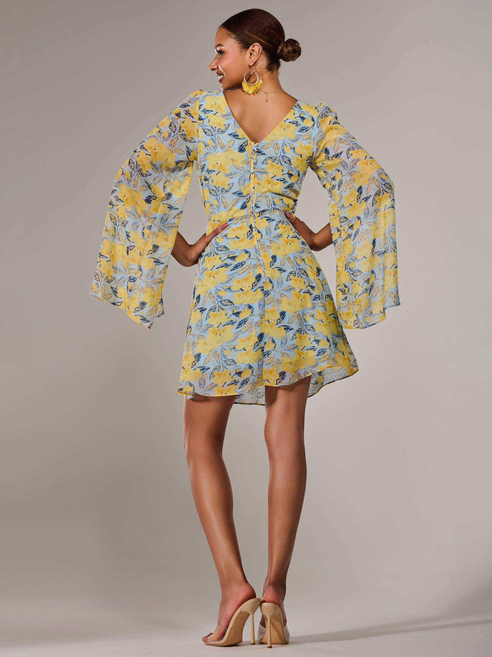 Product image 3 of 7, which shows Jolie Moi Floral Chiffon Split Sleeve Mini Dress, Yellow, 8