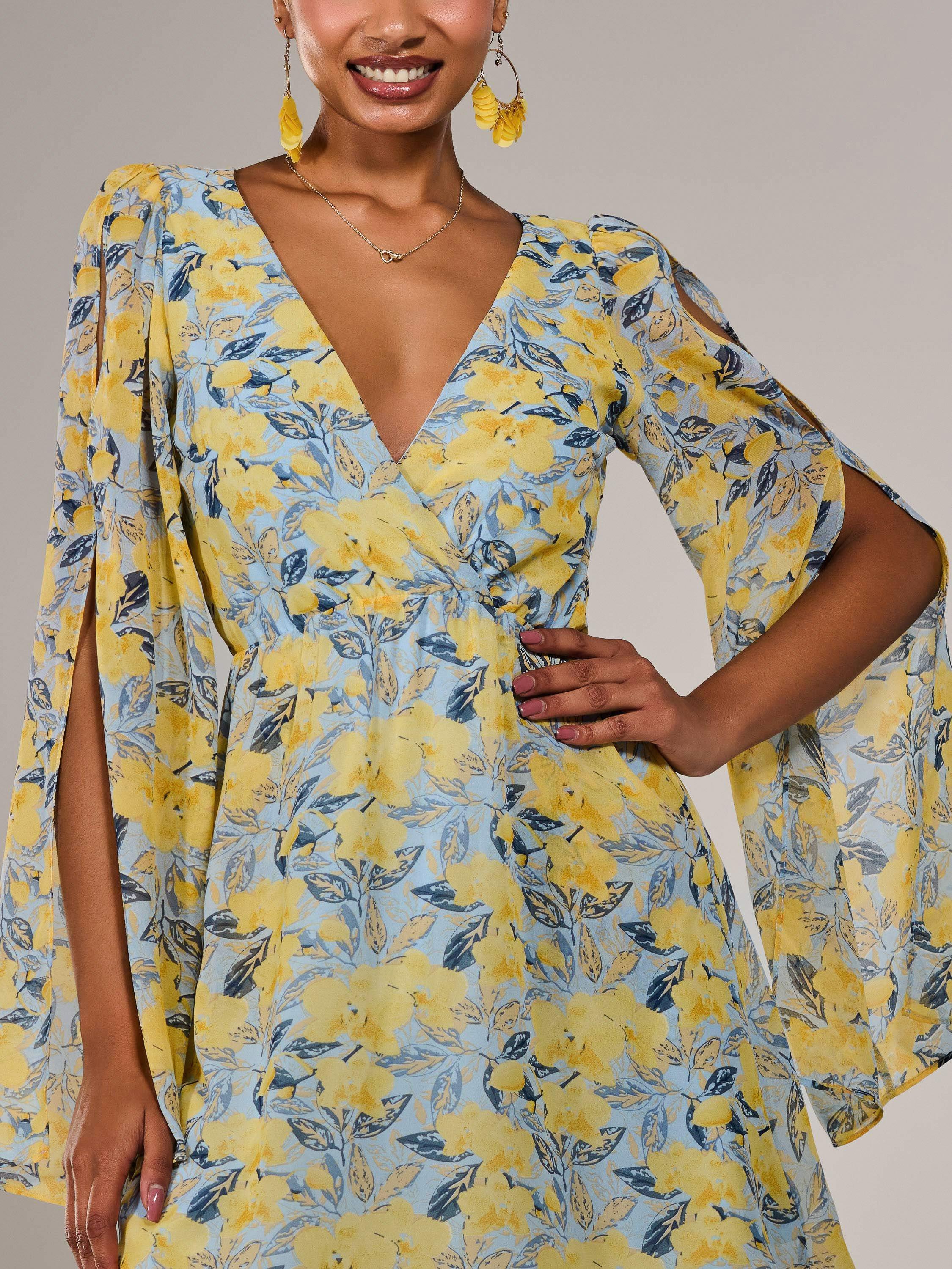 Product image 4 of 7, which shows Jolie Moi Floral Chiffon Split Sleeve Mini Dress, Yellow, 8