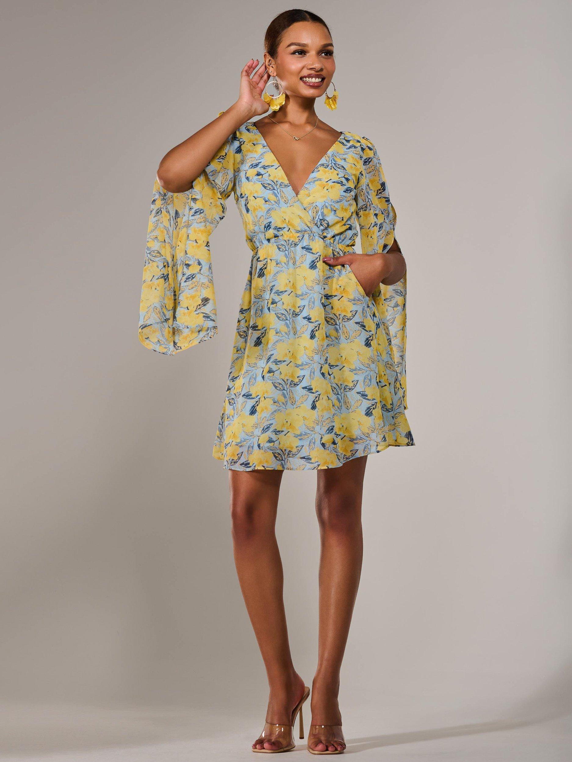 Product image 5 of 7, which shows Jolie Moi Floral Chiffon Split Sleeve Mini Dress, Yellow, 8