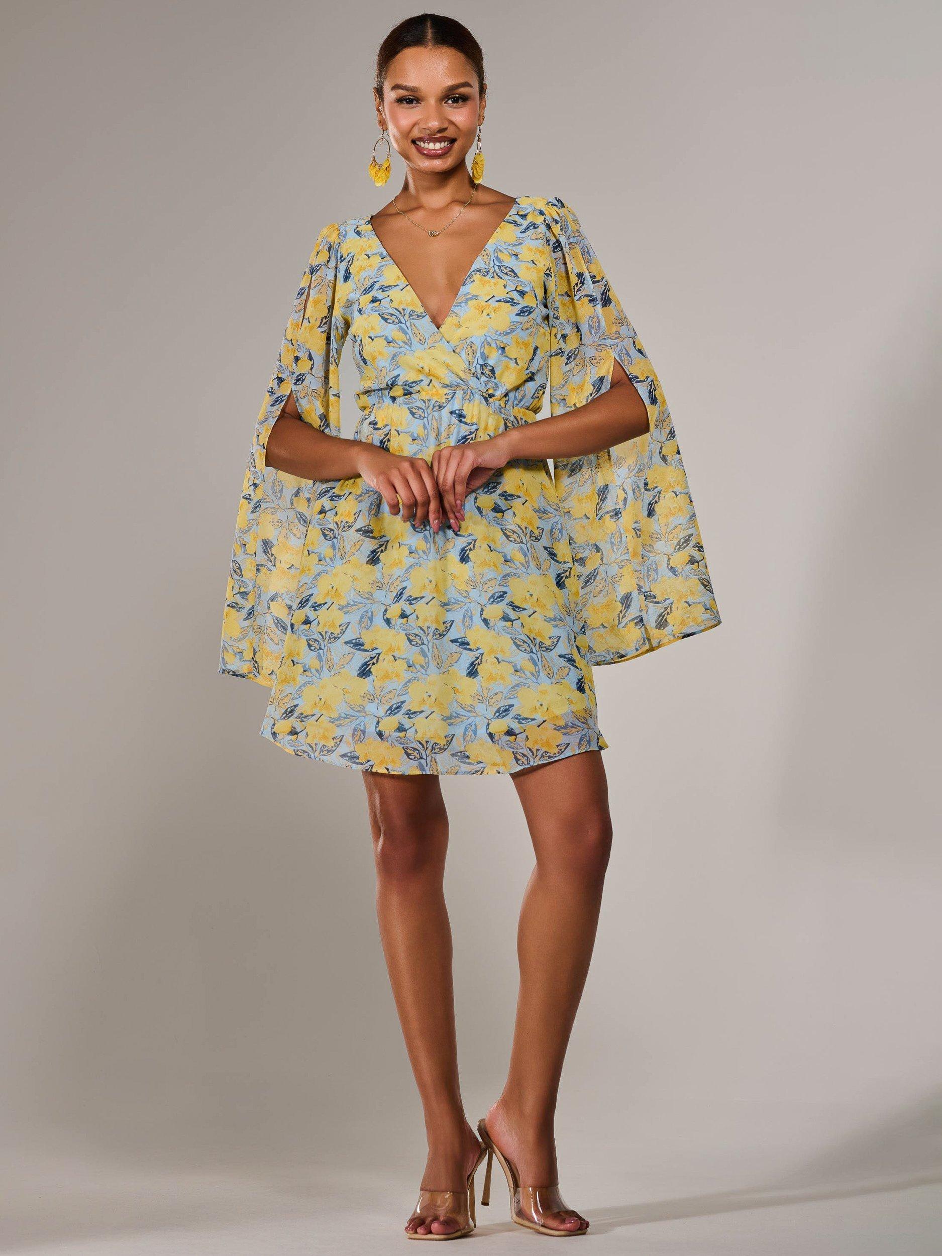 Product image 6 of 7, which shows Jolie Moi Floral Chiffon Split Sleeve Mini Dress, Yellow, 8