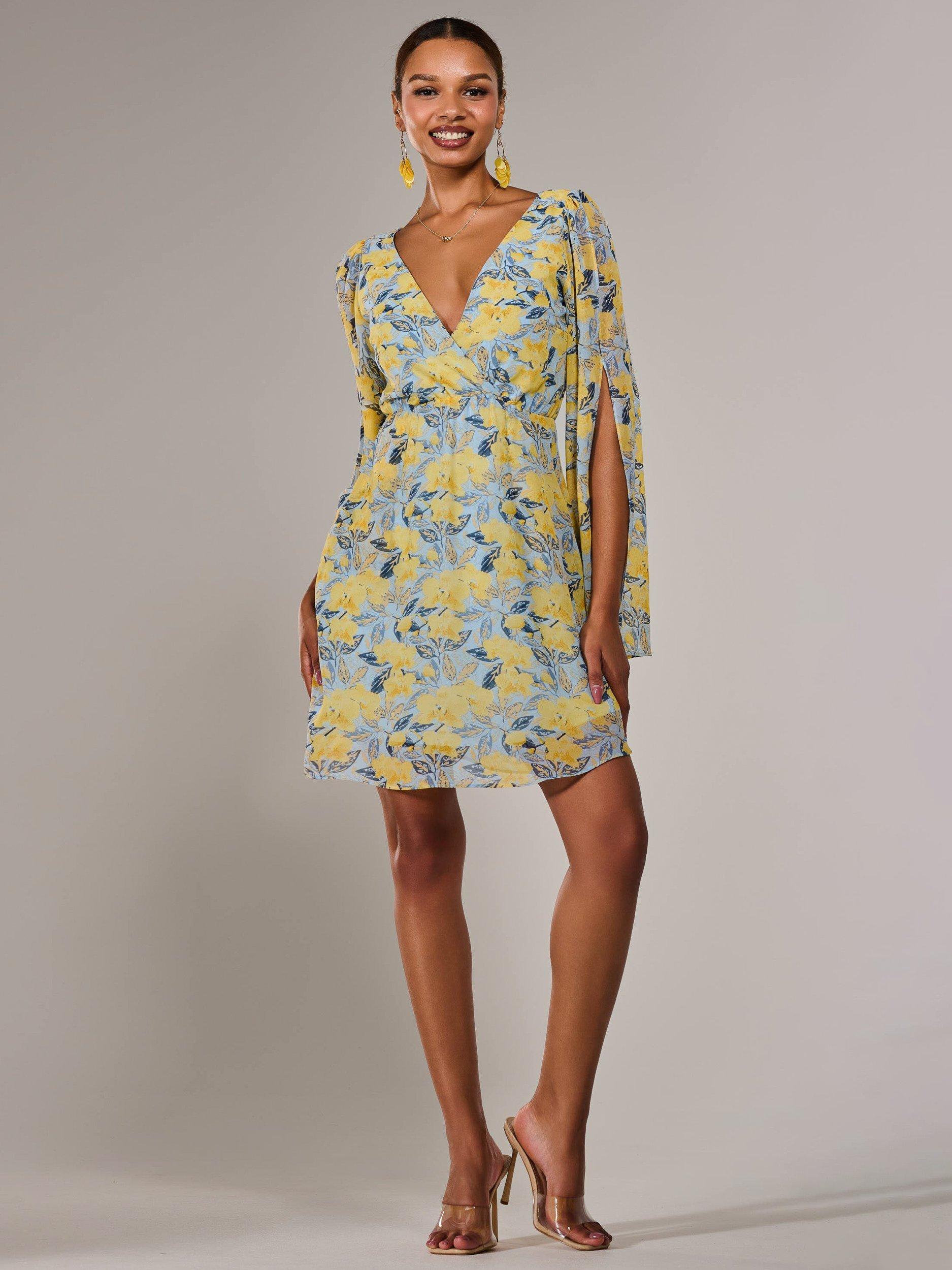 Product image 7 of 7, which shows Jolie Moi Floral Chiffon Split Sleeve Mini Dress, Yellow, 8