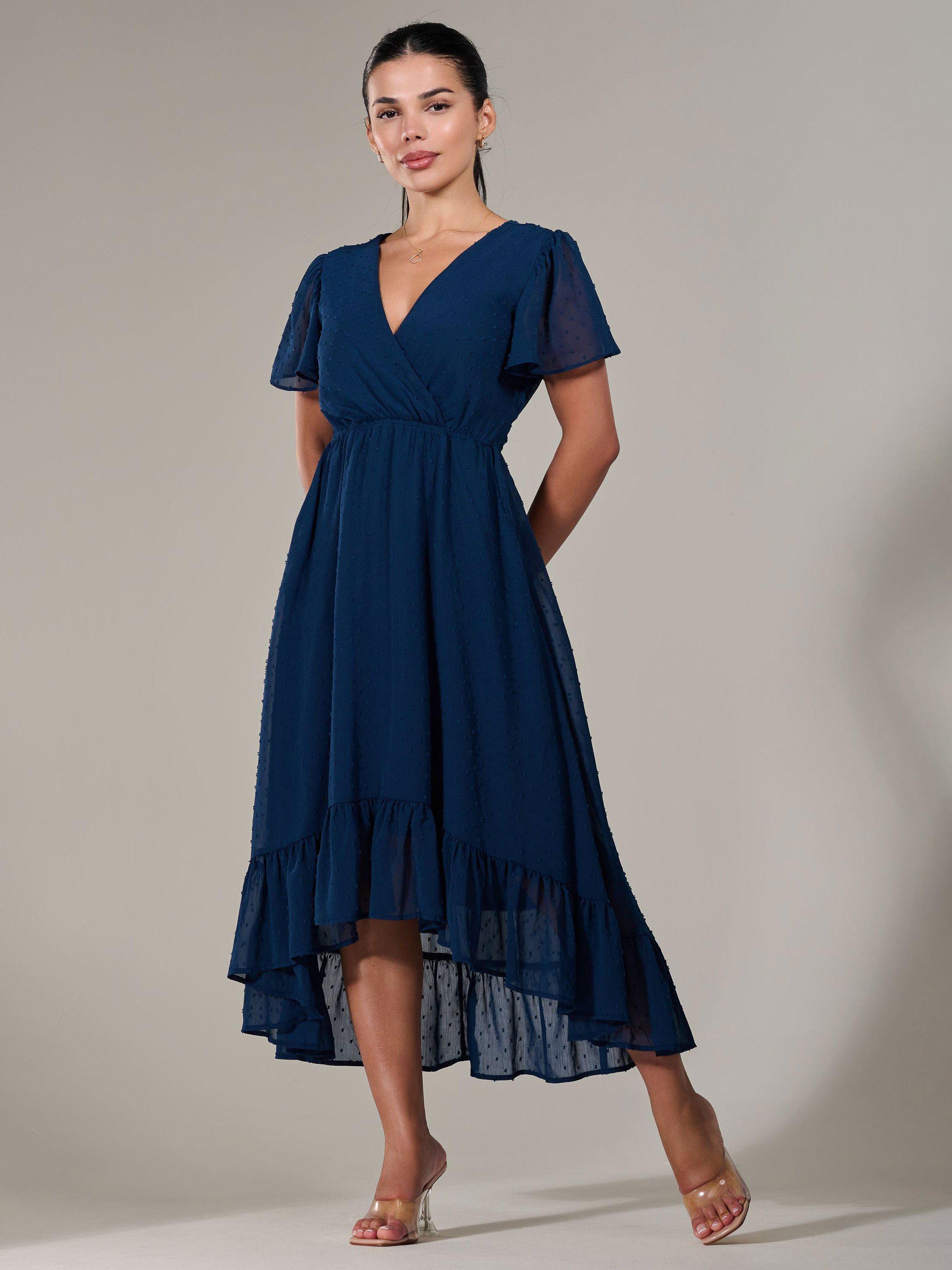 Product image 1 of 7, which shows Jolie Moi Petite High Low Midaxi Dress, Navy, 8Pt