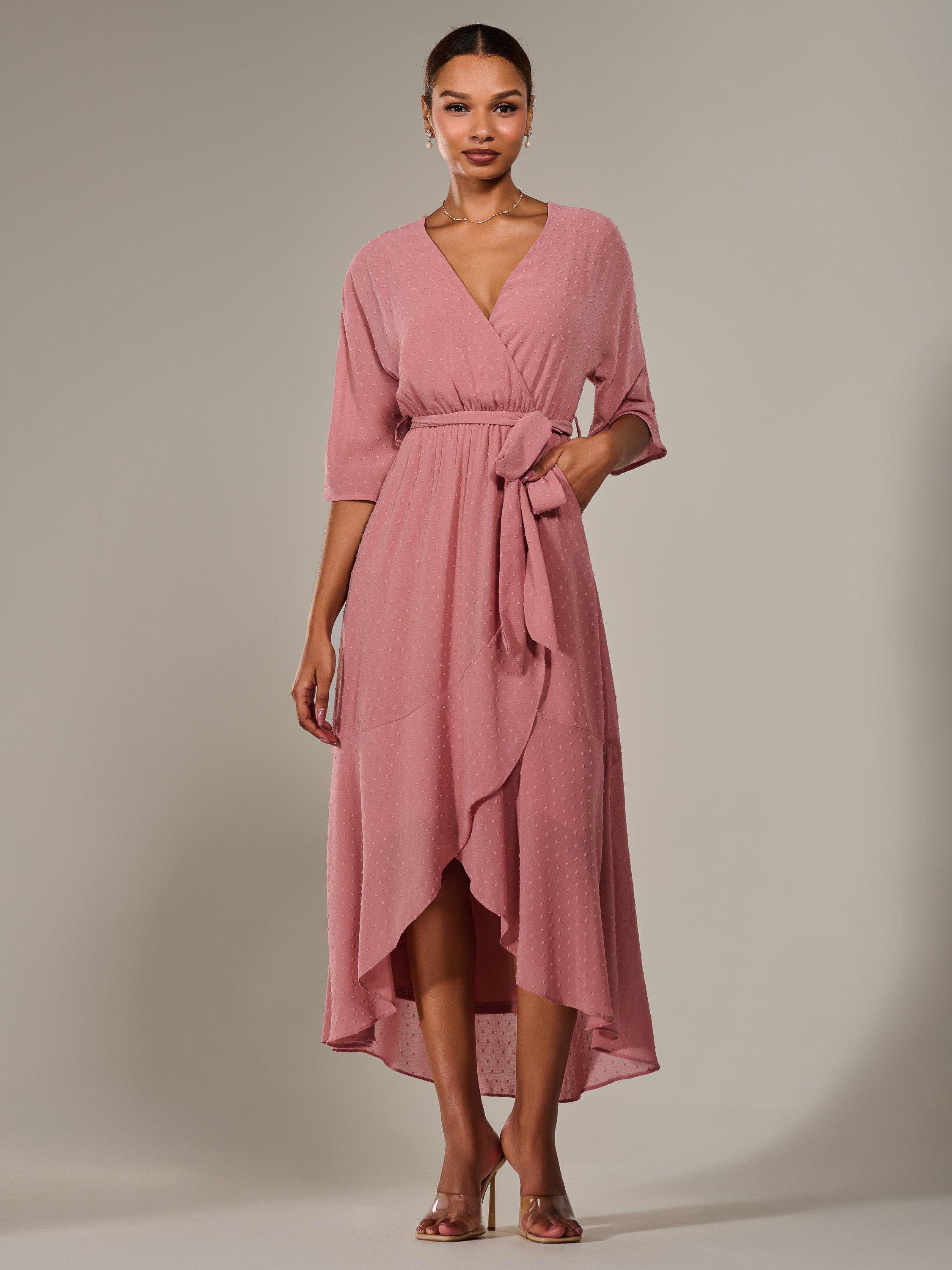 Product image 1 of 7, which shows Jolie Moi Wrap Tie Front Midi Dress, Dusty Pink, 8