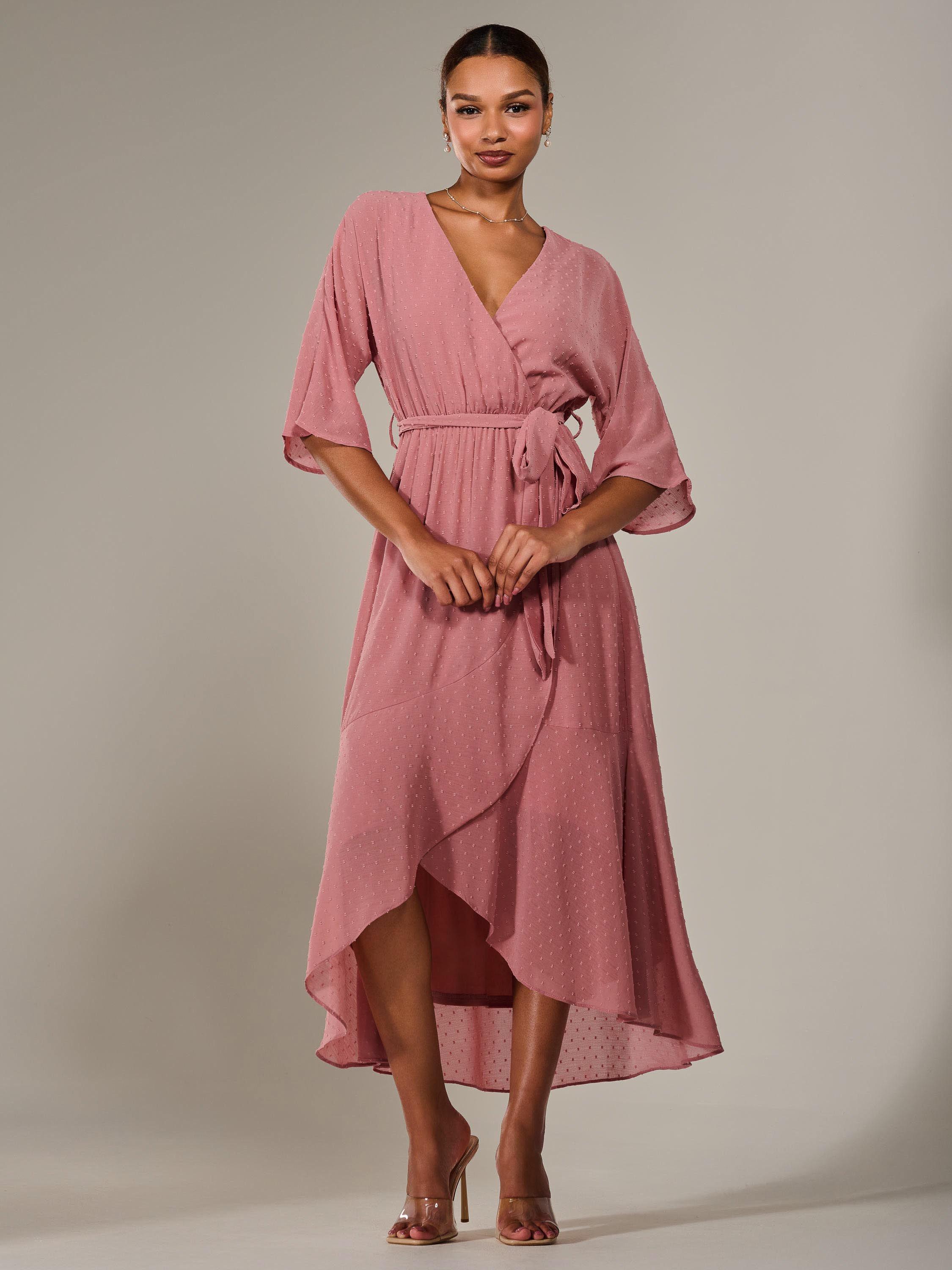 Product image 5 of 7, which shows Jolie Moi Wrap Tie Front Midi Dress, Dusty Pink, 8