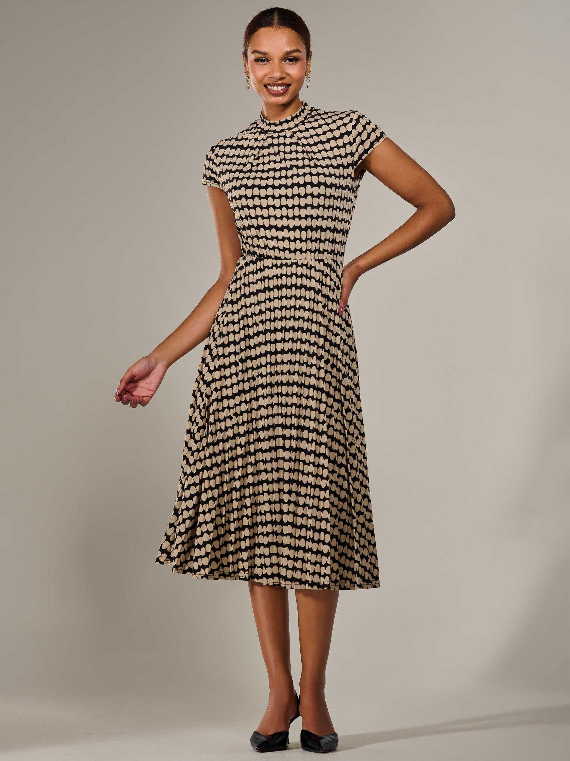Product image 2 of 7, which shows Jolie Moi Spots Pleated Midi Dress, Beige, 8