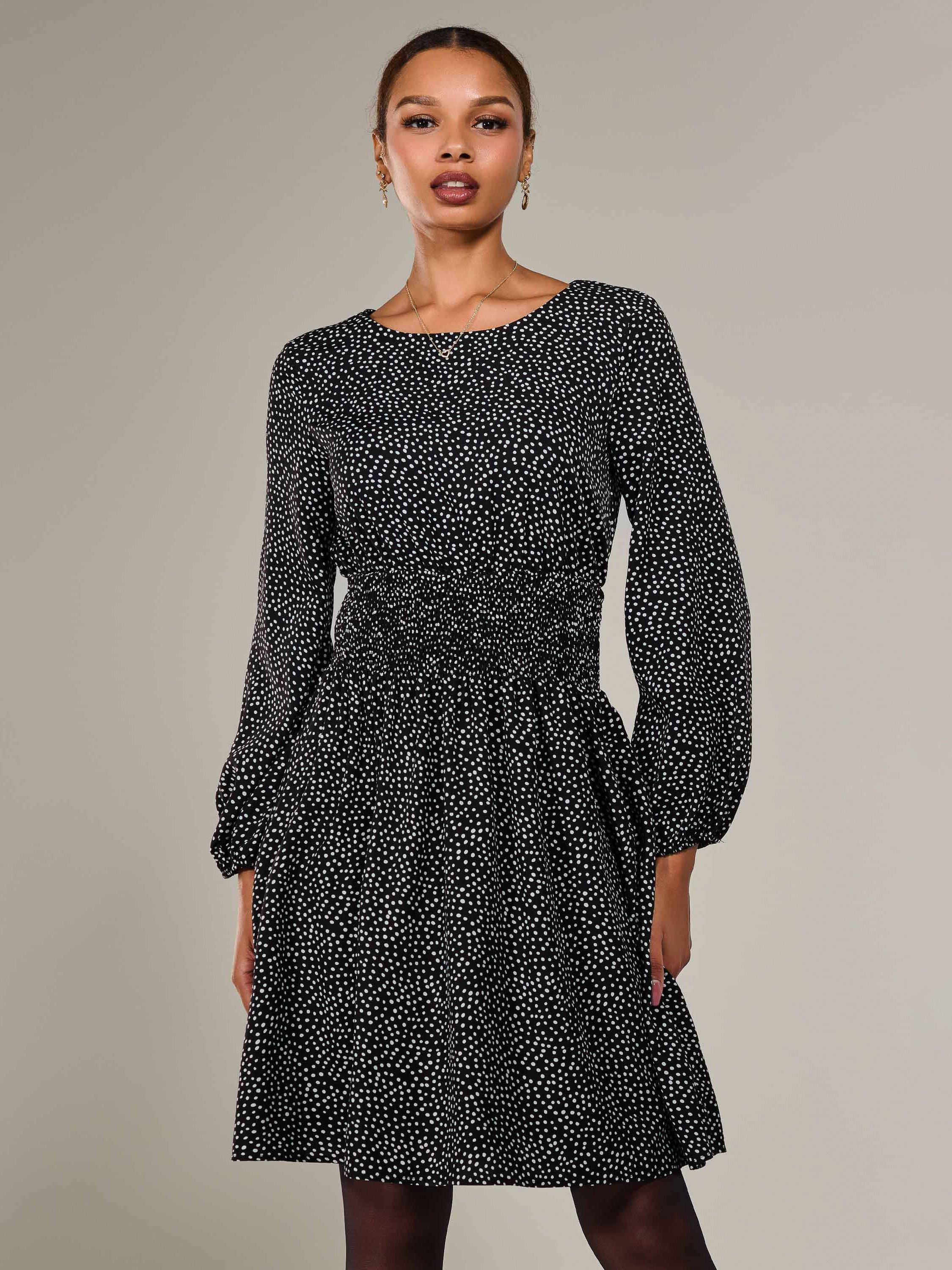 Product image 1 of 7, which shows Jolie Moi Polka Dot Ruched Midi Dress, Black, 8