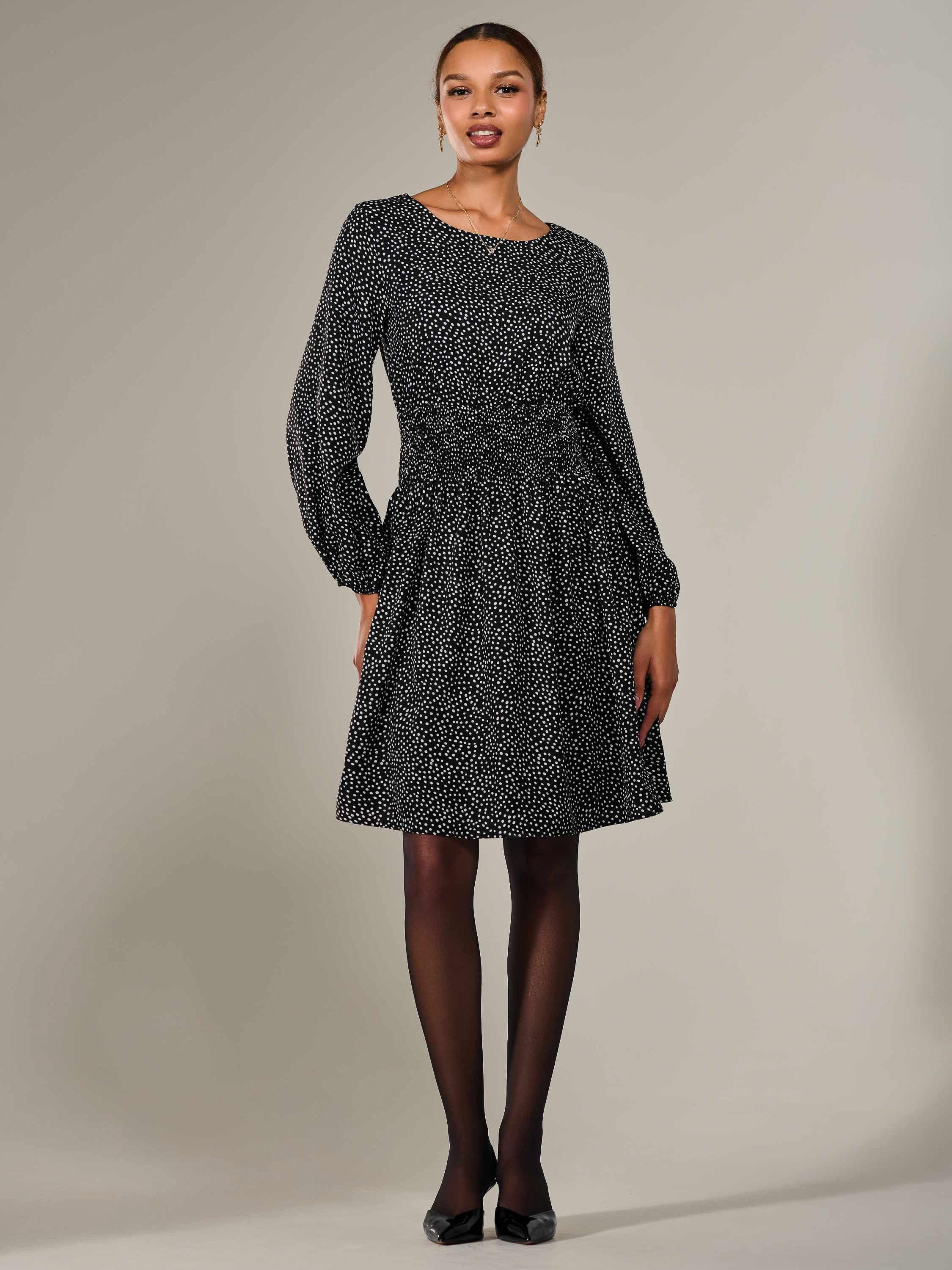 Product image 2 of 7, which shows Jolie Moi Polka Dot Ruched Midi Dress, Black, 8