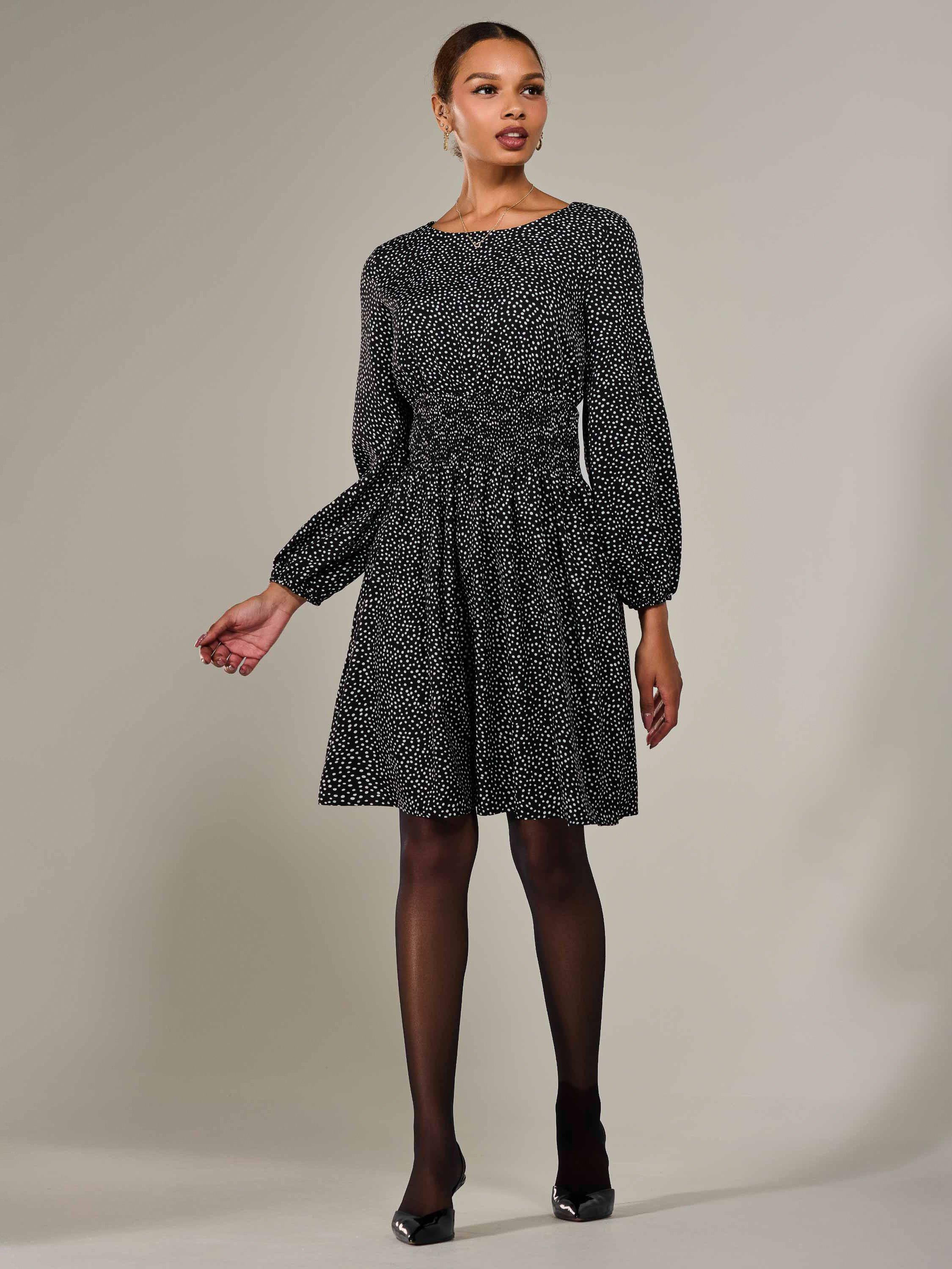 Product image 5 of 7, which shows Jolie Moi Polka Dot Ruched Midi Dress, Black, 8