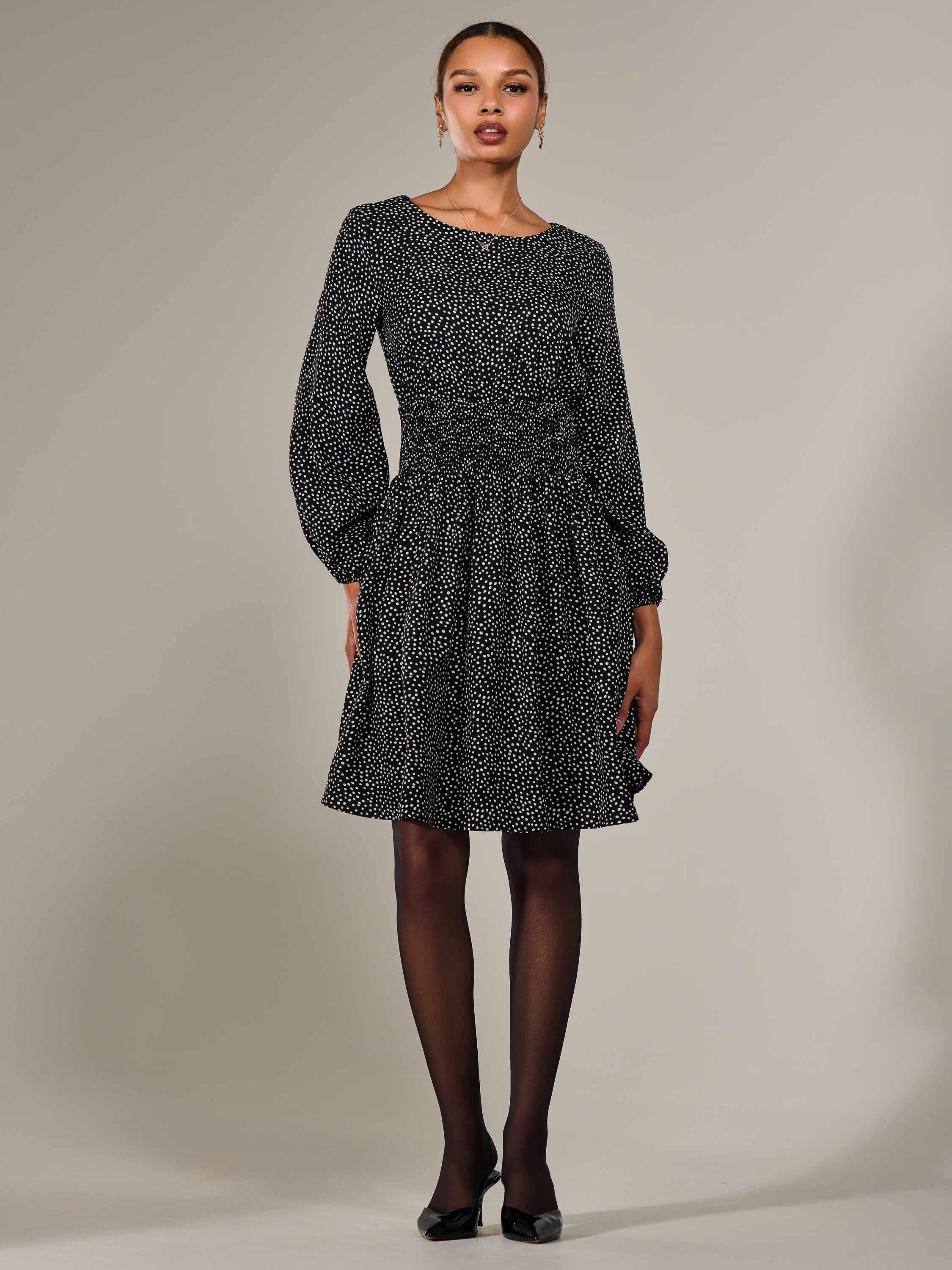 Product image 6 of 7, which shows Jolie Moi Polka Dot Ruched Midi Dress, Black, 8