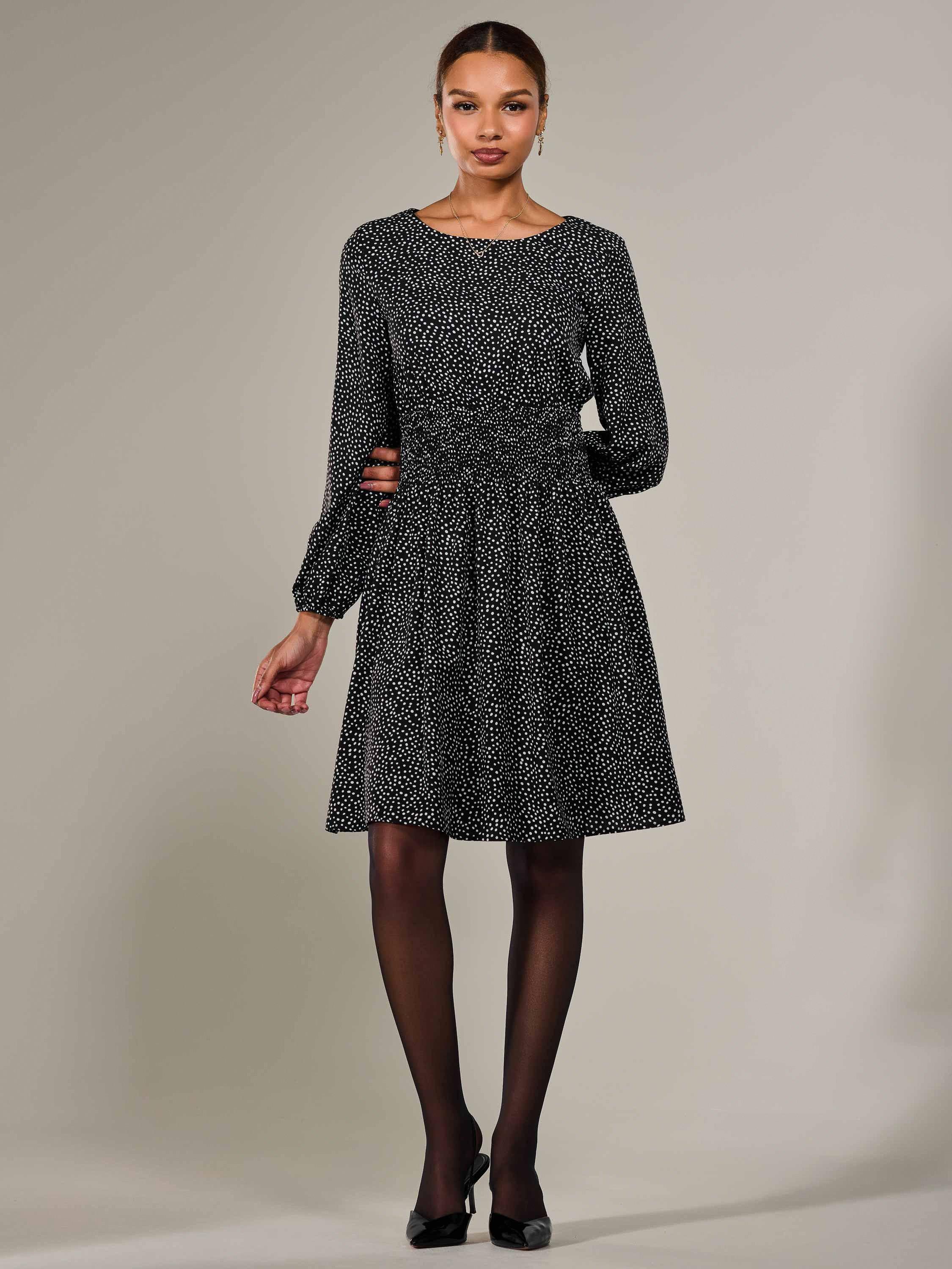 Product image 7 of 7, which shows Jolie Moi Polka Dot Ruched Midi Dress, Black, 8