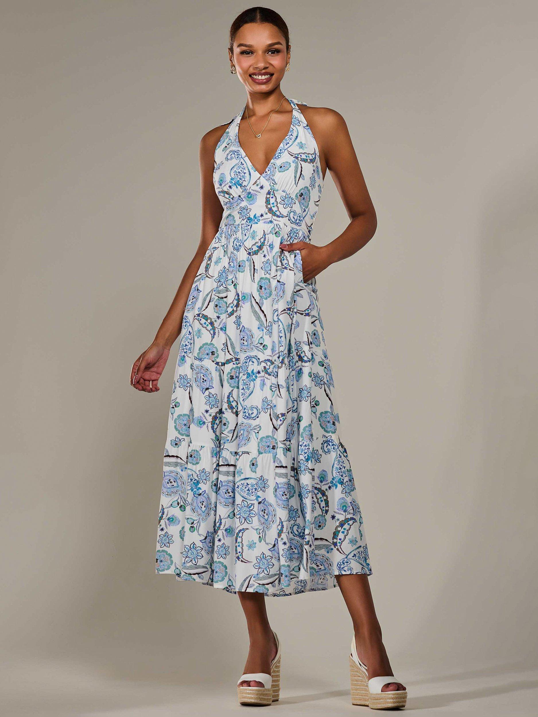 Product image 1 of 7, which shows Jolie Moi Paisley Halter Neck Maxi Dress, Blue, 8